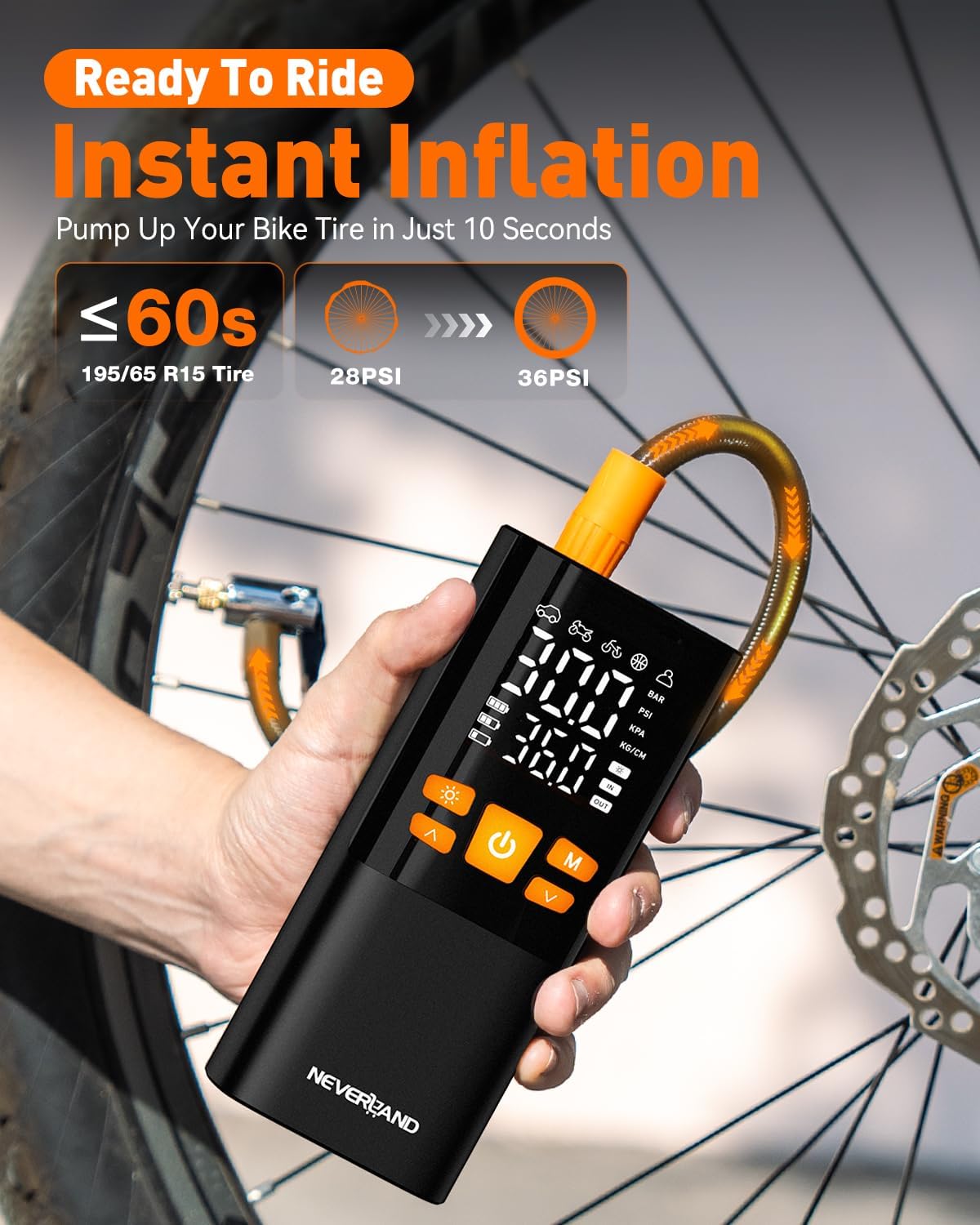 NEVERLAND Tire Inflator Portable Air Compressor - 4X Faster 150 PSI Air Pump for Car Tires, Electric Bike Pump with Pressure Gauge, Auto-Shutoff Cordless Tires Pump for Car Bicycle Motorcycle Ball