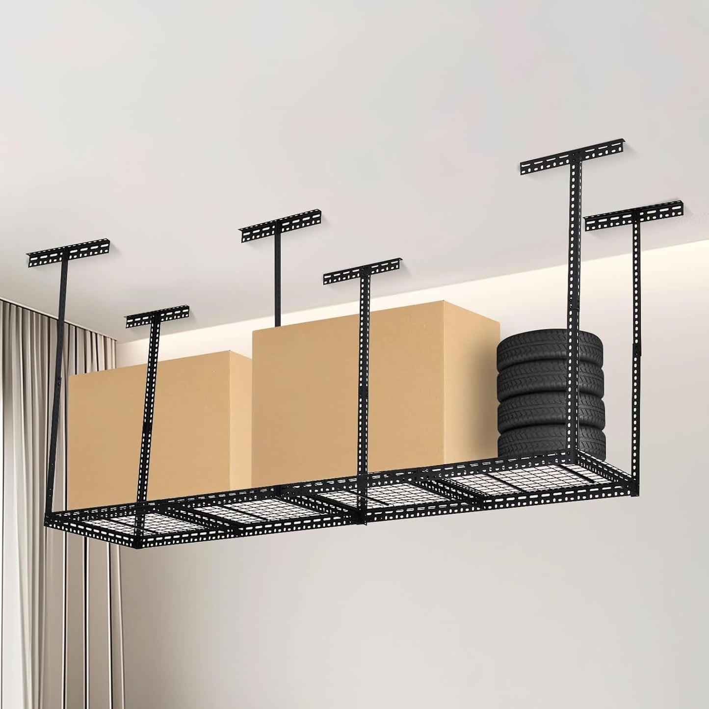 Overhead Garage Storage Rack 2x8 FT, Steel Ceiling Shelves 660lb Capacity, Height Adjustable 22-40 Inches, Space-Saving for Attic Basement Shed (Black, 6 Posts)