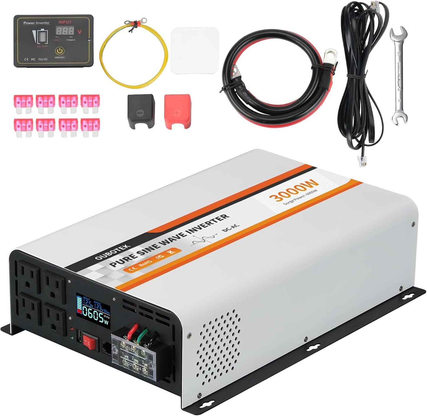 3000 Watt Pure Sine Wave Inverter, DC 12V to AC 120V with LCD Display, Remote Control, USB Port, 4 AC Outlets, and Terminal Block for RV Boat Camping Solar System and Home Use