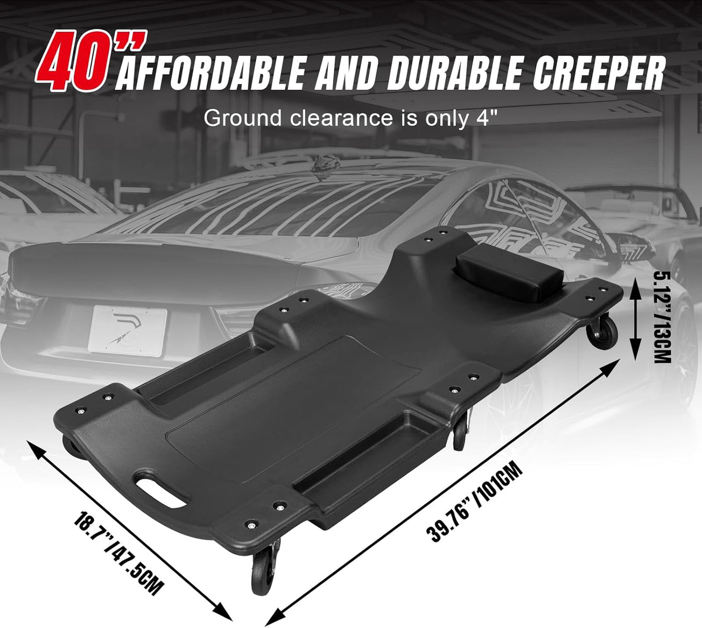 BIG RED ATRP6240BR-1 Blow Molded Plastic Rolling Garage/Shop Creeper: 40" Mechanic Cart with Padded Headrest and 6 Casters, 250 LBS, Black