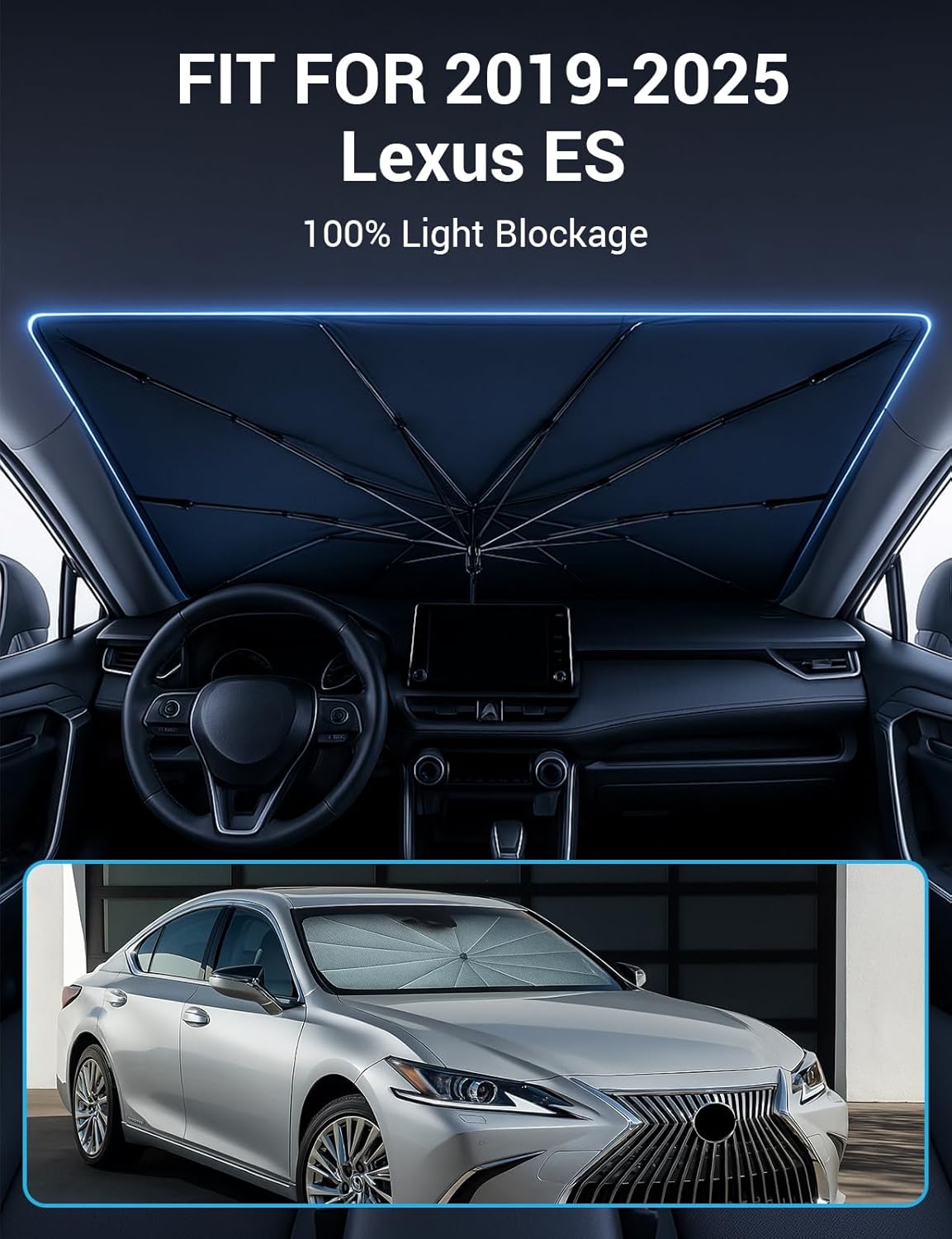 Proadsy Windshield Sun Shade Umbrella for Lexus ES 2019-2025 ES350 ES300h Foldable Car Umbrella Sunshade with Soft TPU Handle Spring Structure Crystal Cooling Material Protect Car from Rays & Heat