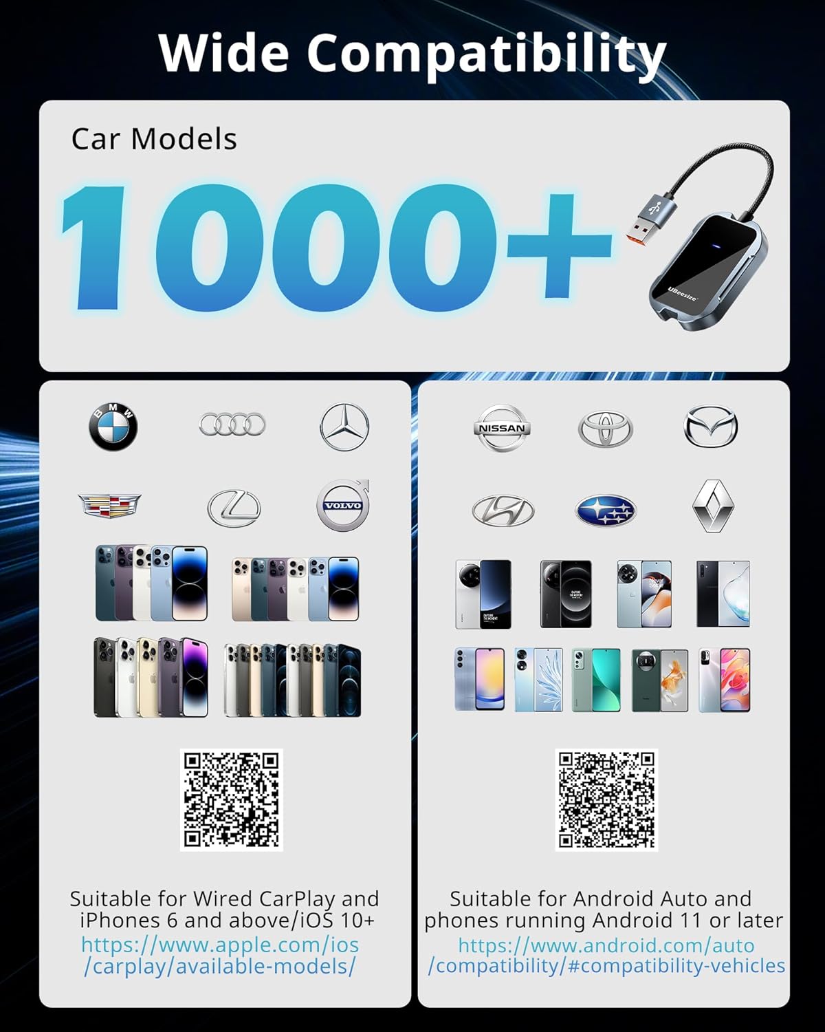 UBeesize Wireless CarPlay Adapter (2025) – Seamless Wireless Upgrade for 2017+ Cars | iPhone & Android Compatible