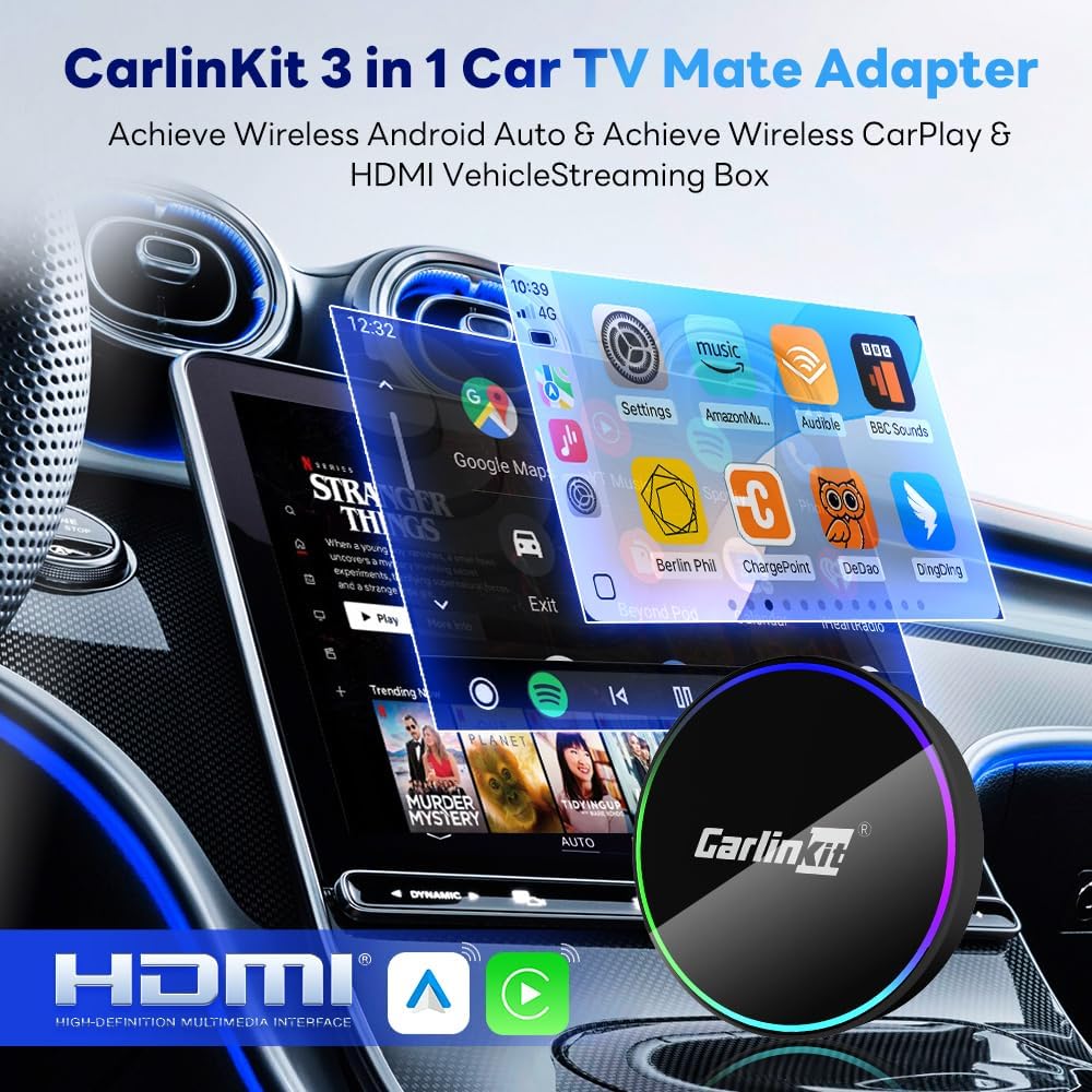 Carlinkit HD2CP Pro HDMI Wireless CarPlay Adapter- Wired CarPlay to Wireless Car Play & Android Auto Dongle, 3 in 1 Stream TV Stick/Phone/Games to Screen HDMI Converter, iOS 10+ & Android 11+