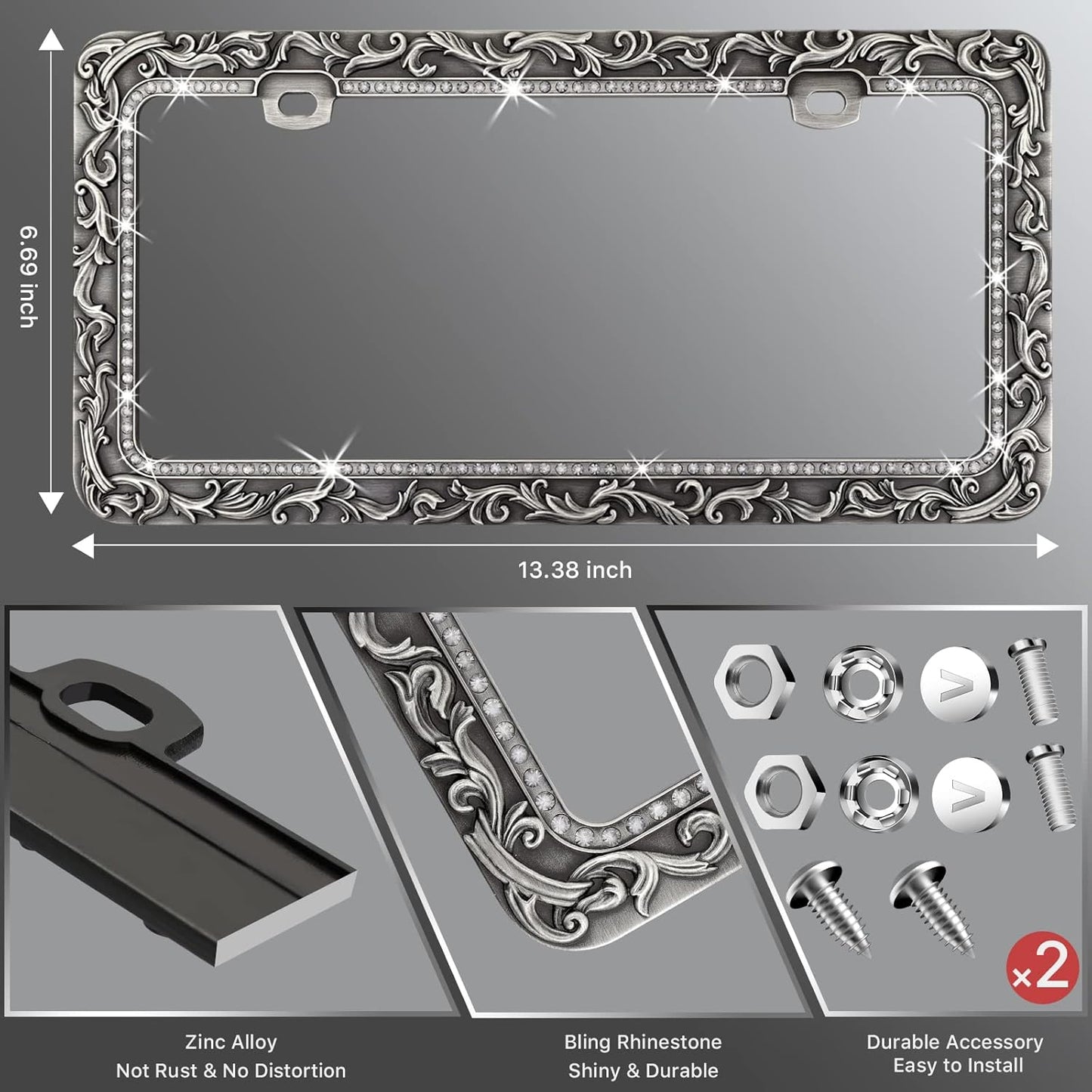 Valor Gel Metal Car License Plate Frames,Antique Old Pattern Printing, Bling Crystal Rhinestones Inlaid,Universal 2 Holes Automotive Replacement Parts Plate Holder(1 Pack)