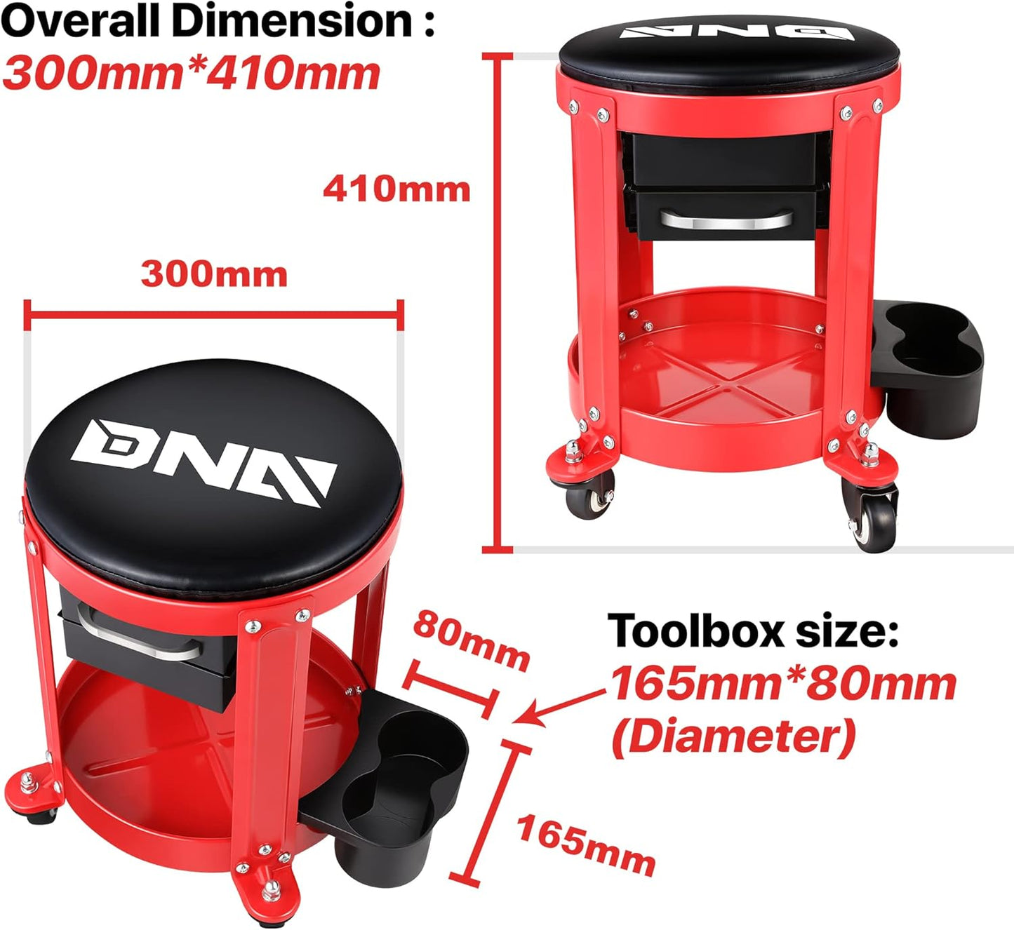 DNA Motoring TOOLS-00197 Round Mechanics Roller Seat Creeper Stool With Padded Cushion, Tool Storage Drawer & Tray, 300 Lbs Max Weight Capacity
