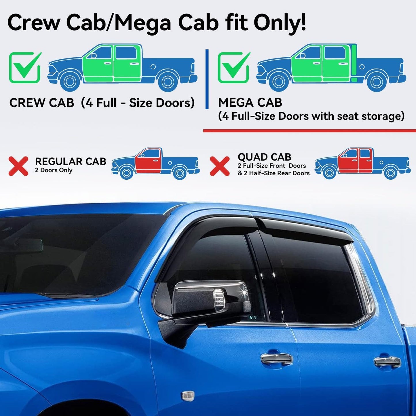 Window Visors Rain Guards for 2009-2018 Ram 1500 Crew/Mega Cab/Full-Size Cab, Window Vent Wind Deflectors Visors Shades for 2010-2025 Ram 2500 & 3500, 2019-2024 Ram 1500 Classic Body Models Only