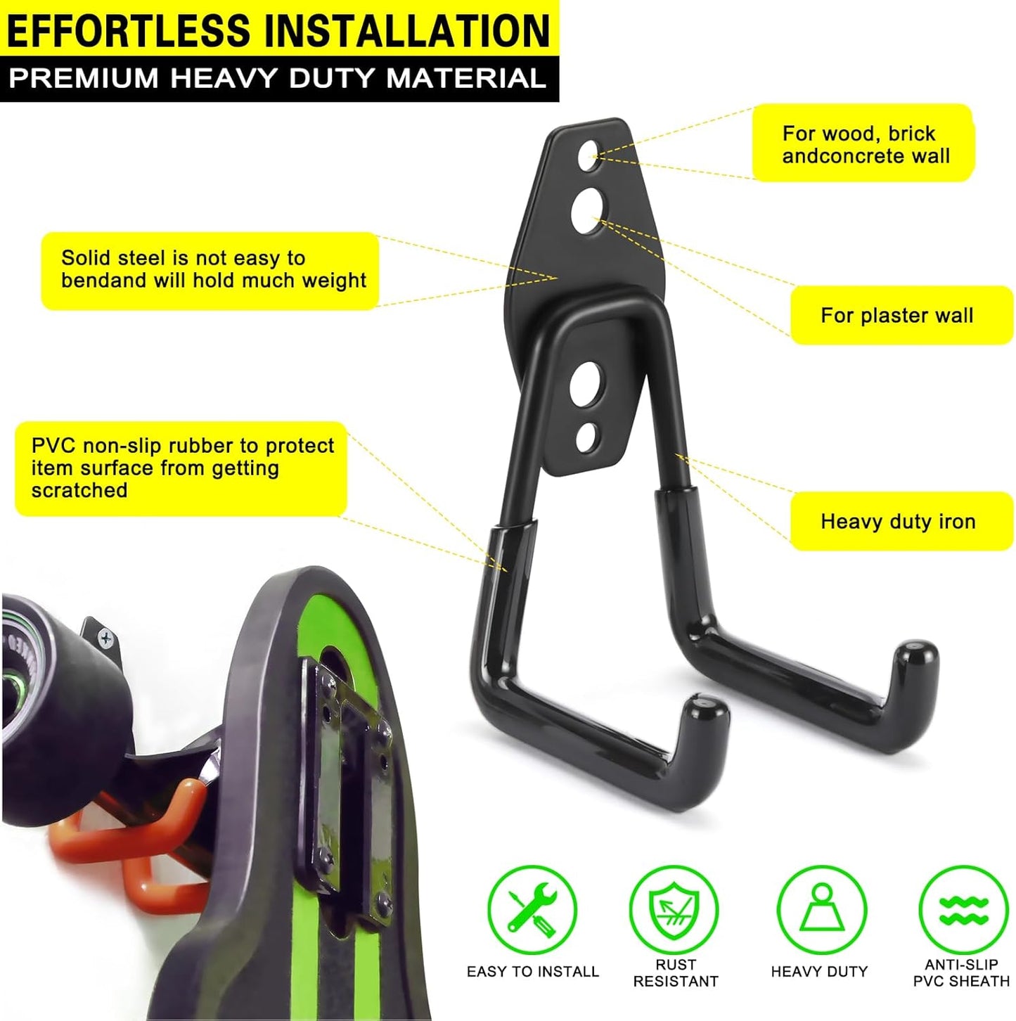 2 Pack Garage Hooks Heavy Duty Storage Organizer Wall Mount Power and Garden Tool Hangers, for Hanging Ladders, Ropes, Hose, Bulk Items