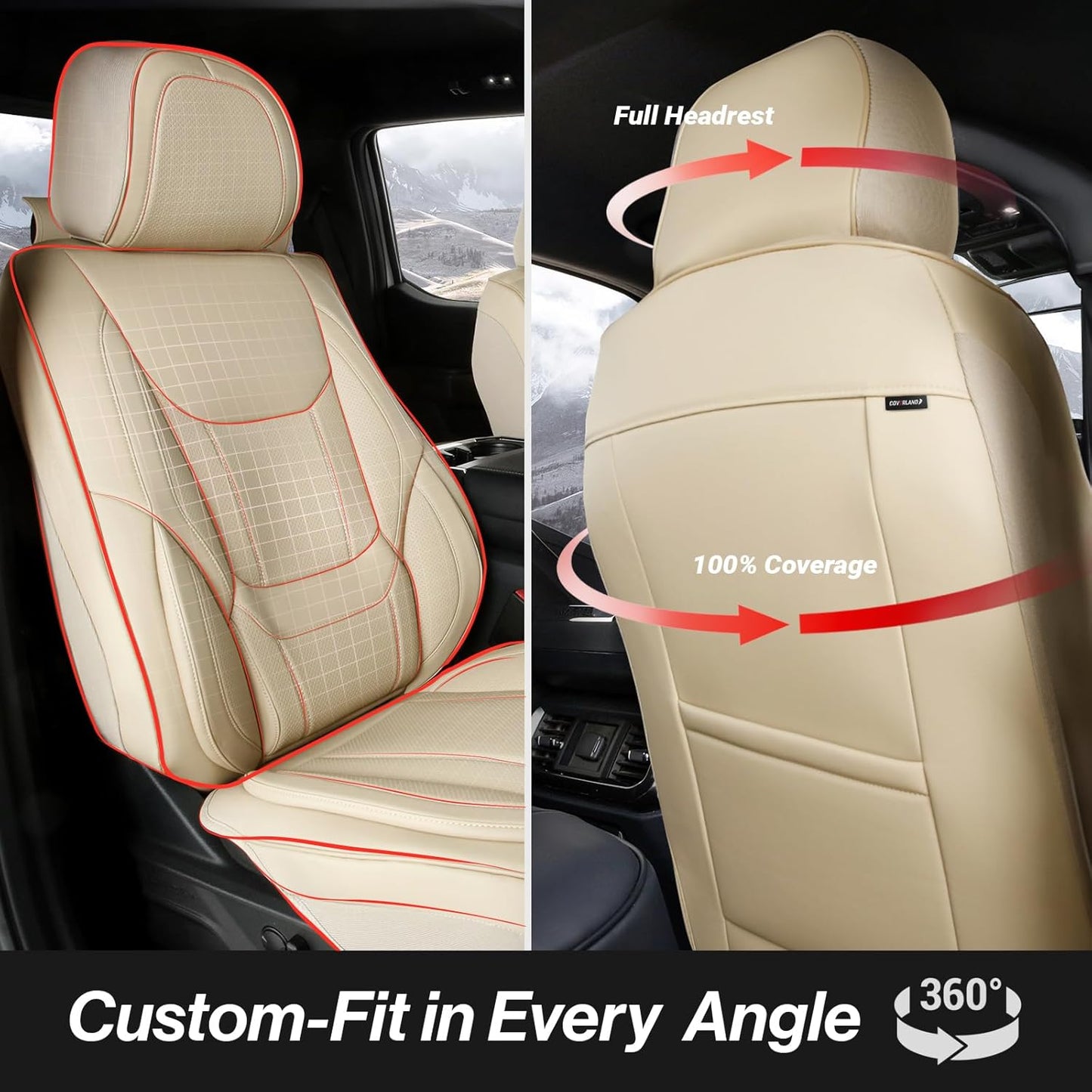 Coverland Custom Car Seat Covers Compatible with 2002-2010 Ram 1500 Quad Cab, Crew Cab - Premium Leather Non-Slip Waterproof Custom Interior Protector Full Set-Beige [See Size Chart-Size X142]