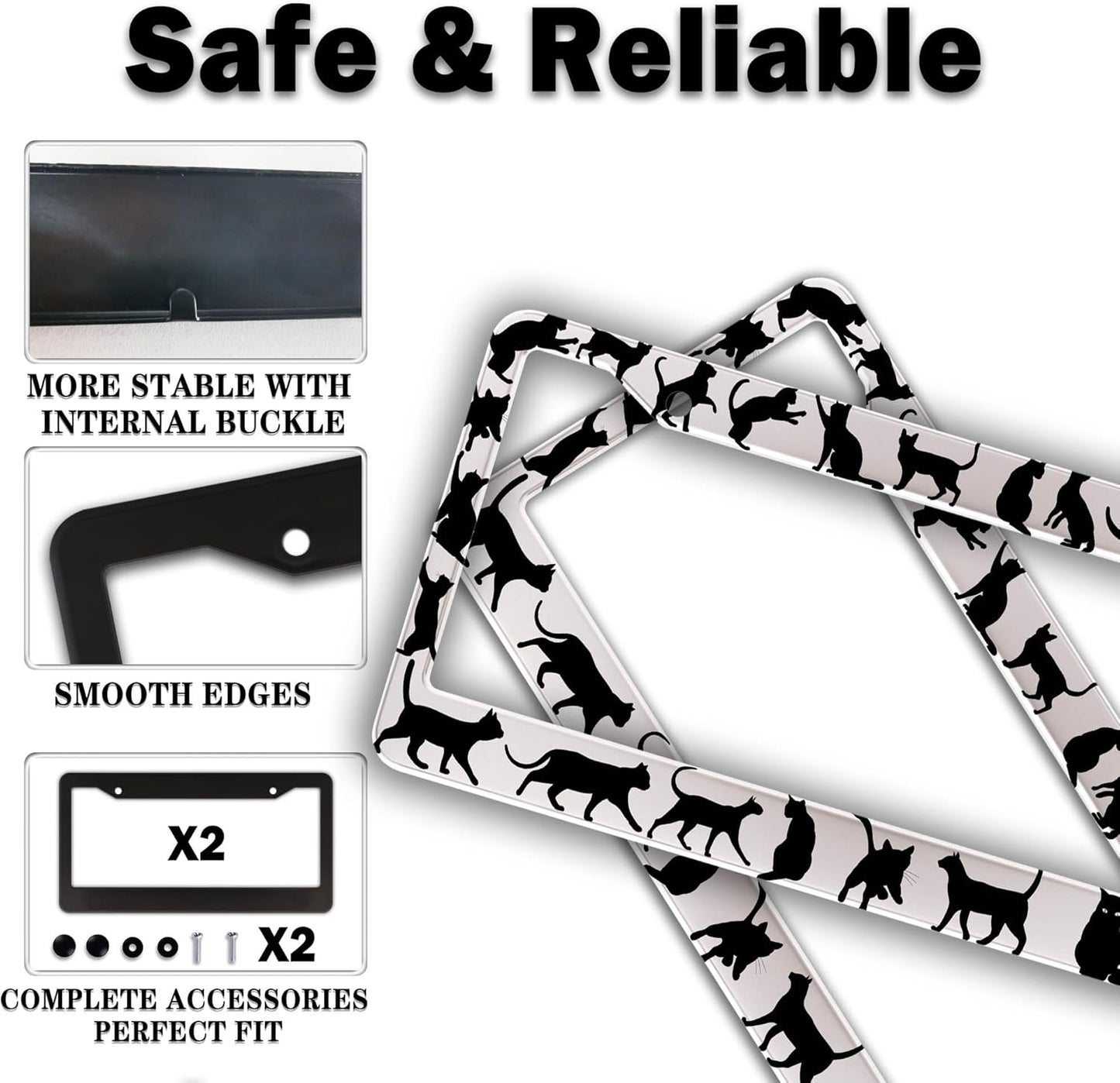 License Plate Frames for Women Black and White License Plate Frame for Men Black Cat Aluminum Metal Car Accessory 2 Pack with Screw Covers Set
