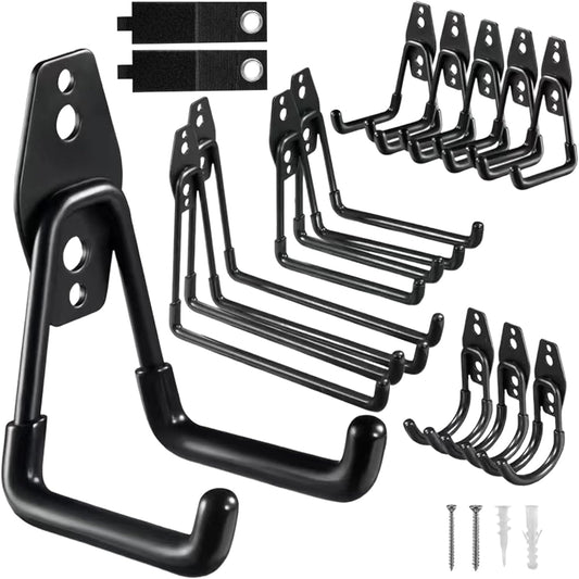 Garage Hooks, 12 Pack Wall Hooks for Hanging Heavy Duty Ladders, Bikes, Tools Ideal for Garage, Garden, Basement Utility Room Storage (Black)