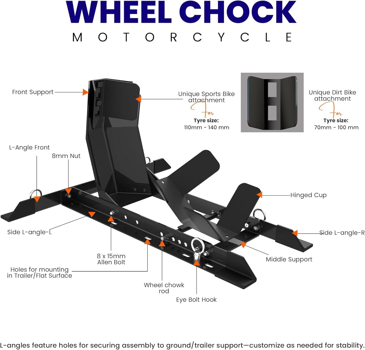 GRAND PITSTOP Universal Wheel Chock for Motorcycle Stand for Trailer Completely Adjustable Detachable Foldable Wheel Chock (Black)