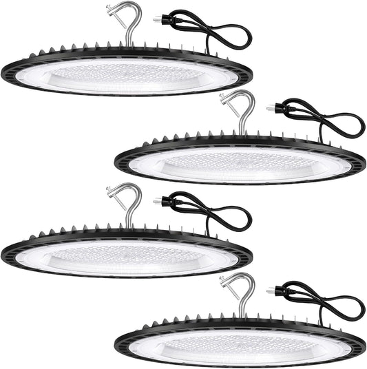 4 Pack 300W UFO Led High Bay Light Fixture,120VAC,5000K Daylight Commercial Shop Bay Lighting,45000LM,[1300W MH/HPS Equiv.] US Plug Area Lighting for Warehouse/Barn/Gym/Factory/Workshop/Garage