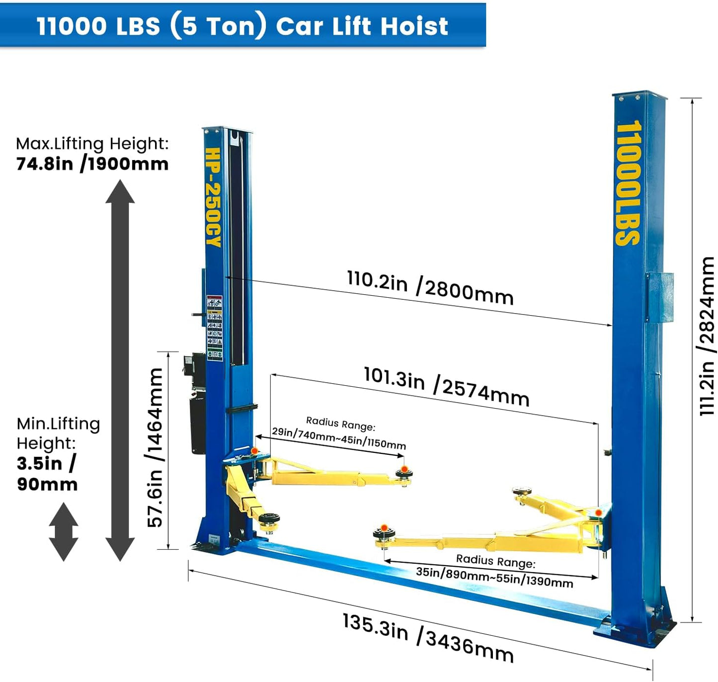 110V Two Post Car Lift 11,000 LBS Heavy Duty Floor Plate 2 Posts Auto Hoist Truck Lift for Garage w/ 36 Months Parts Replacement