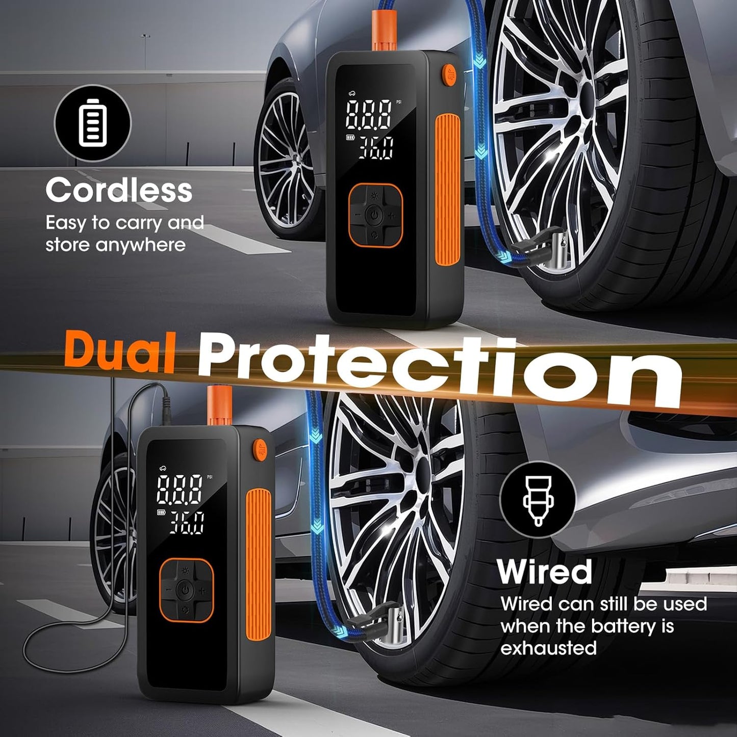 Tire Inflator Portable Air Compressor, 5X Faster Portable Air Pump for Car Tires, 150PSI Cordless Travel Air Pump with Digital Pressure Gauge for Cars, Bike & Motorcycle Tires, Ball