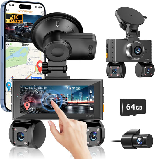 4 Channel Dash Cam Front and Rear, 360°Dash Camera for Car FHD 2K+3x1080P Touch Screen, 8 IR Night Vision, 5G WiFi, APP Control, G-Sensor, Loop Recording, Built-in GPS with 64GB Car, 24H Parking Mode