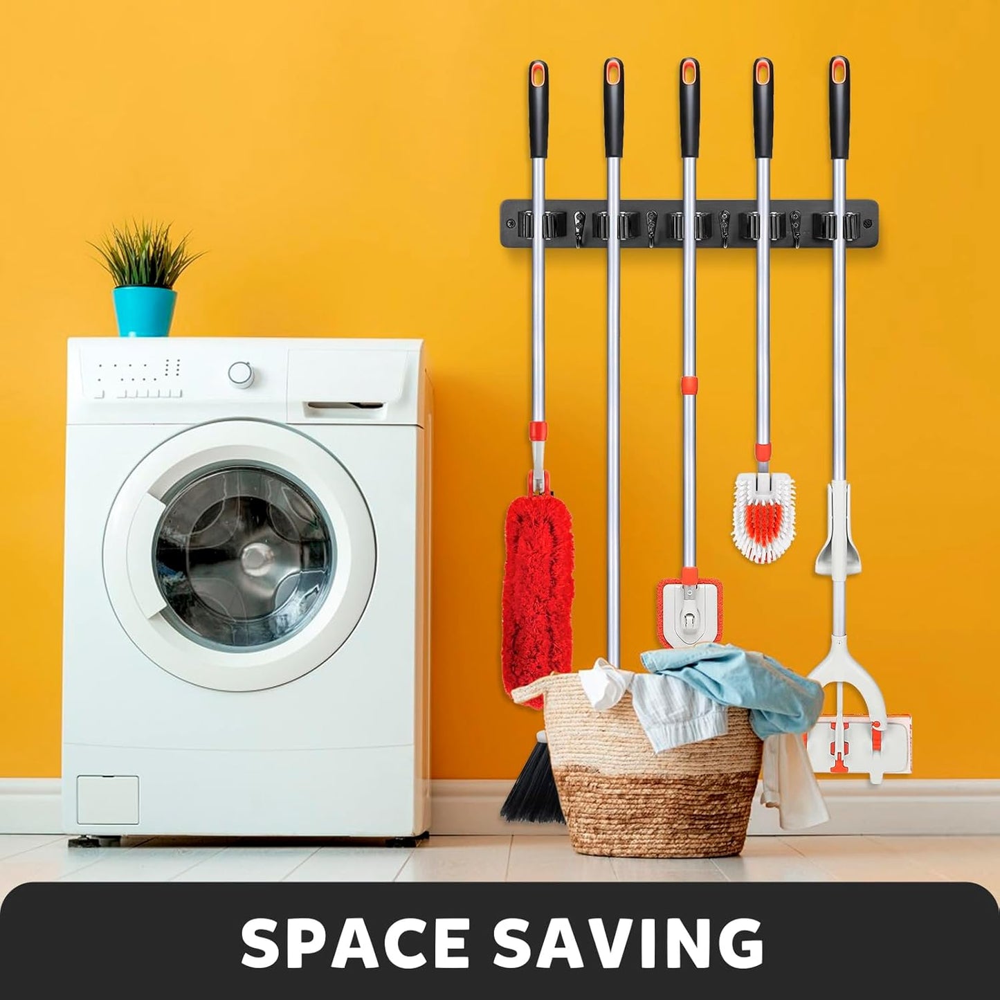 IMILLET Broom Holder Wall Mount, Wood Broom Holder with 5 Racks and 4 Hooks Broom Organizer, Laundry Room Organization and Storage, Mop Hanger for Home Organization, Garden, Garage, Closet (Black)