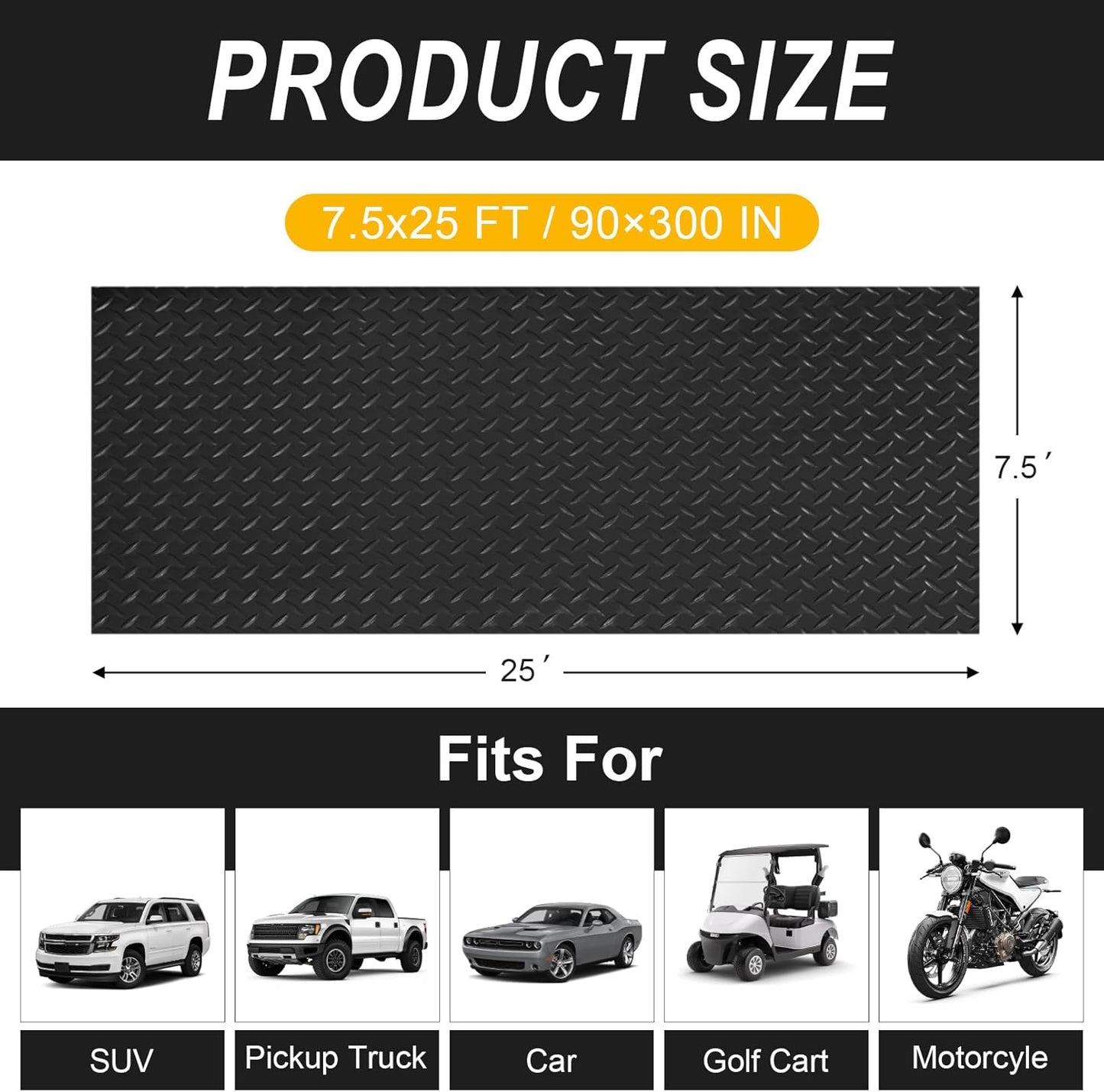 7.5x25 FT Garage Floor Mat, 2.8mm Thickened Flooring Roll for Under Car with 20Pcs Tapes, 188SQFT Diamond Plate, Non-Slip Floor Protector Mat for Garage, Warehouse, Gyms, Trailer(Black)