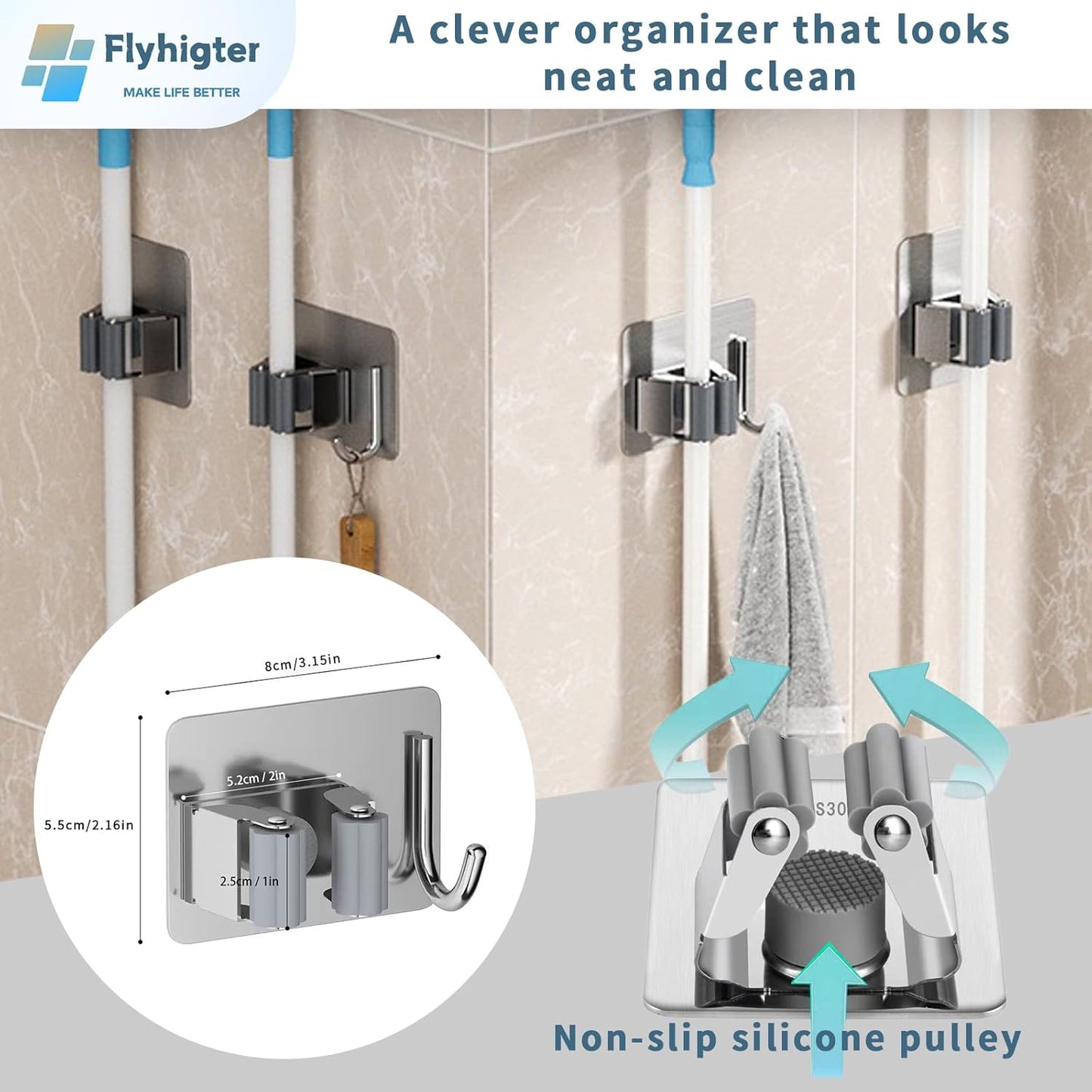 6 Pack Stainless Steel Mop and Broom Holders – Wall Mounted Grippers with Adhesive or Nail-Free Glue, No-Drill Installation for Kitchen, Bathroom, Garage