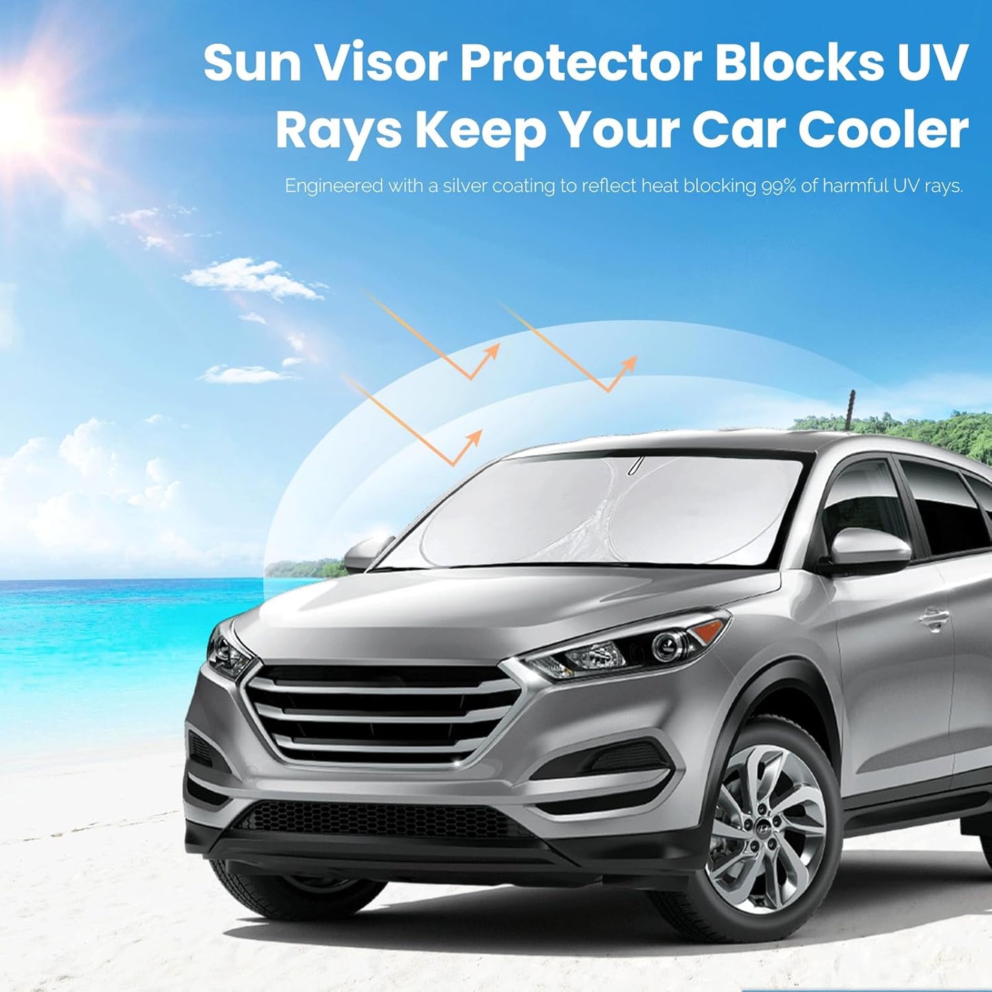 Custom Fit Tucson Windshield Sunshade for Hyundai Tucson 2016 2017 2018 2019 2020 2021 Front Window Shades Cover for Windshield Sun Visor Protector 210T Reflector Blocks UV Rays Cooler Car Accessories