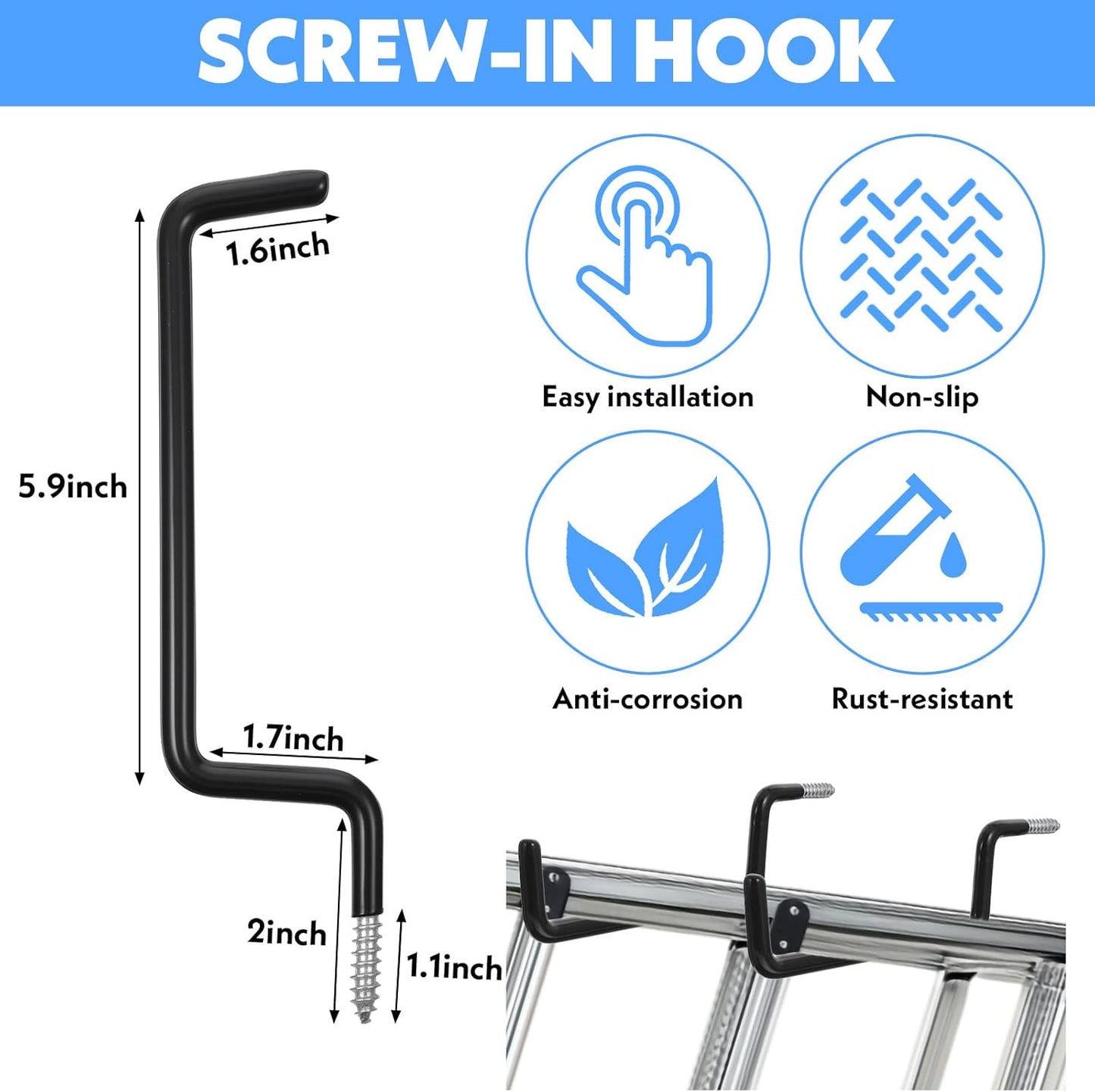 12 Pcs Heavy-Duty Black Ladder Hooks – Iron & PVC Wall Mount Storage Hangers for Bike, Ladder, Chair, Tools (75 lbs Capacity)