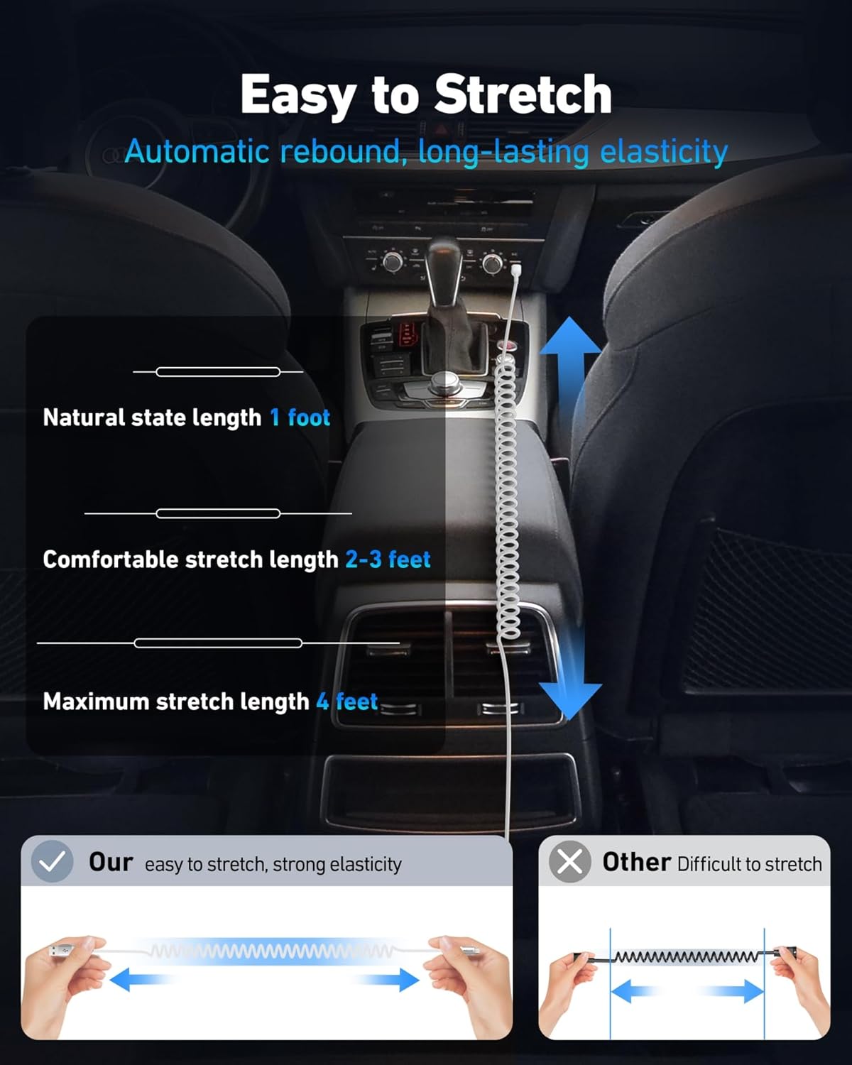 Coiled USB to USB C Cable for Car 3FT/6FT, USBC Cables Fast Charging Braided USB-A to USB-C Phone Charger Cord USB Type C Cable for iPhone 16 15 Pro Max, Samsung Galaxy S24 S23 and More-2Pack Silver