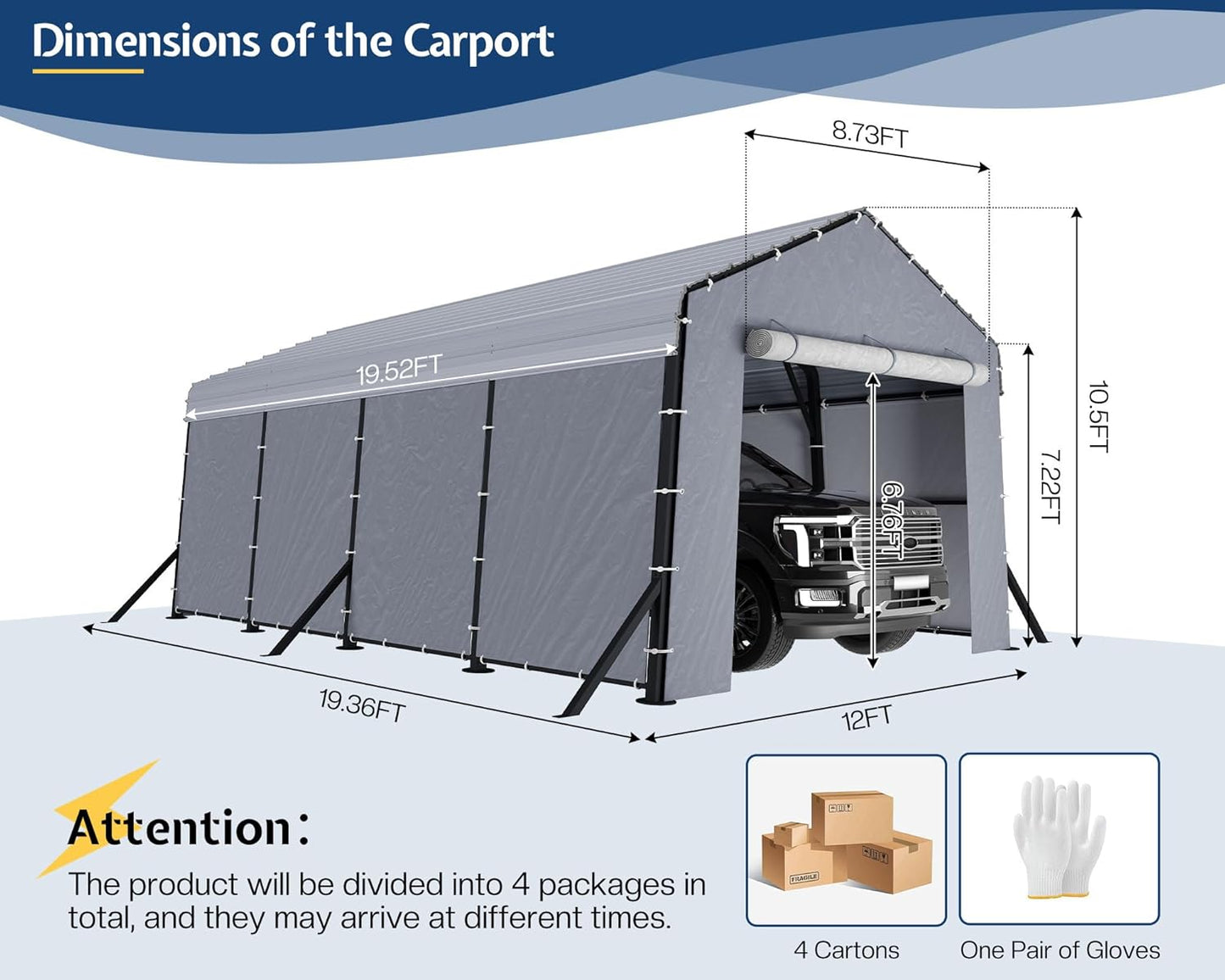 Jocisland 12x20x10.5 FT Metal Carport - Removable Waterproof Sidewalls, Heavy Duty Outdoor Carport with Upgraded Steel Reinforcements for All-Weather, Car Canopy for Car, Boat, Equipment Storage