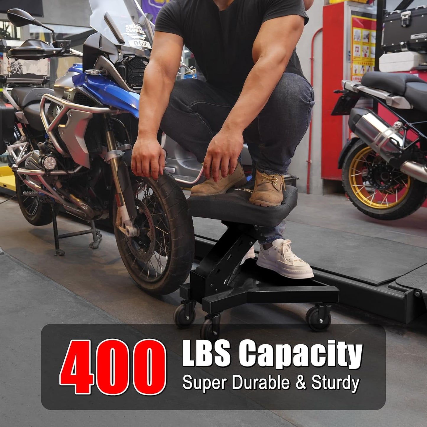 Mechanic Stool with Wheels, Hydraulic Adjustable Shop Stool on Wheels, Garage Work Rolling Chair for Workshop, 400 LBS Capacity, 4 Inch Casters, 360° Swivel Casters Roller Chair, Black