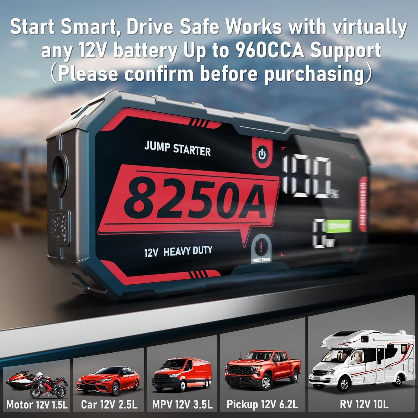 8250A Jump Starter, ATGFOX 12V Lithium Battery Booster Pack (Up to 10.0L Gas/8.0L Diesel Engines), Portable Jump Box, Car Jumper Starter w/Quick Charge, 2 USB-C Power Bank, 48-Month Standby 960CCA