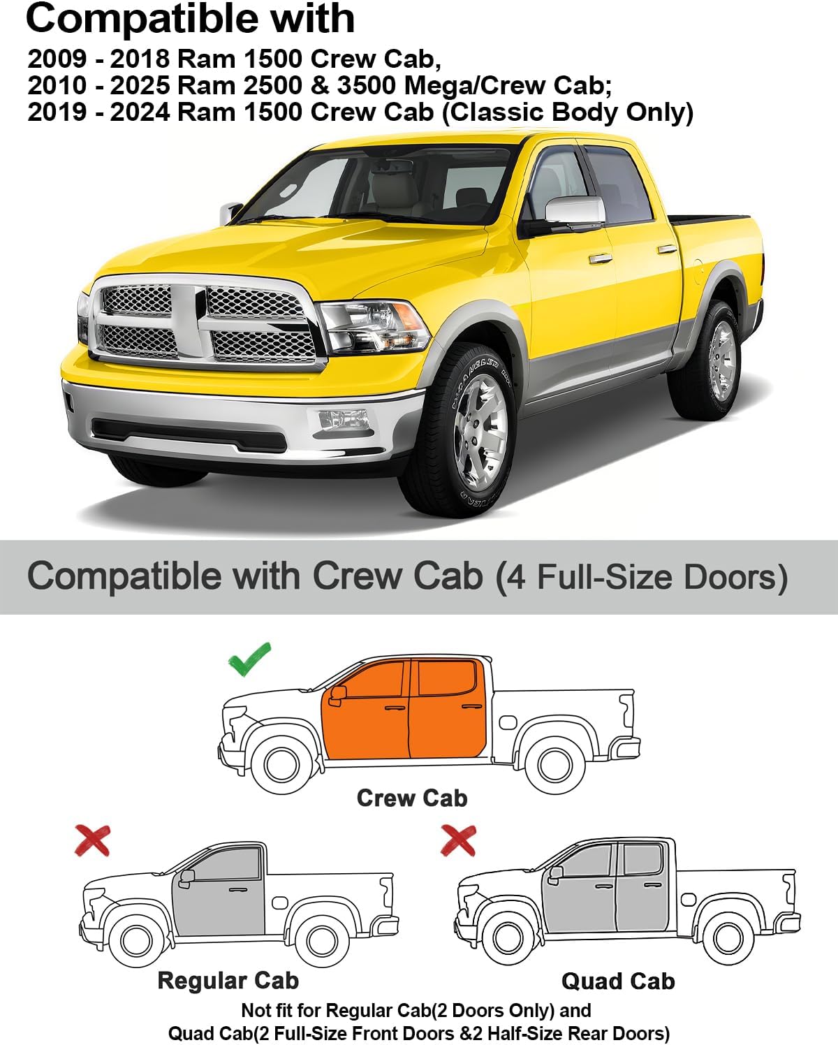 in-Channel Window Rain Guards Fit for Truck Dodge RAM 2009-2018 Crew Cab Mega Cab Extra Durable Window Deflectors Vent Visors Shades Car Accessories Visors Rain Guards