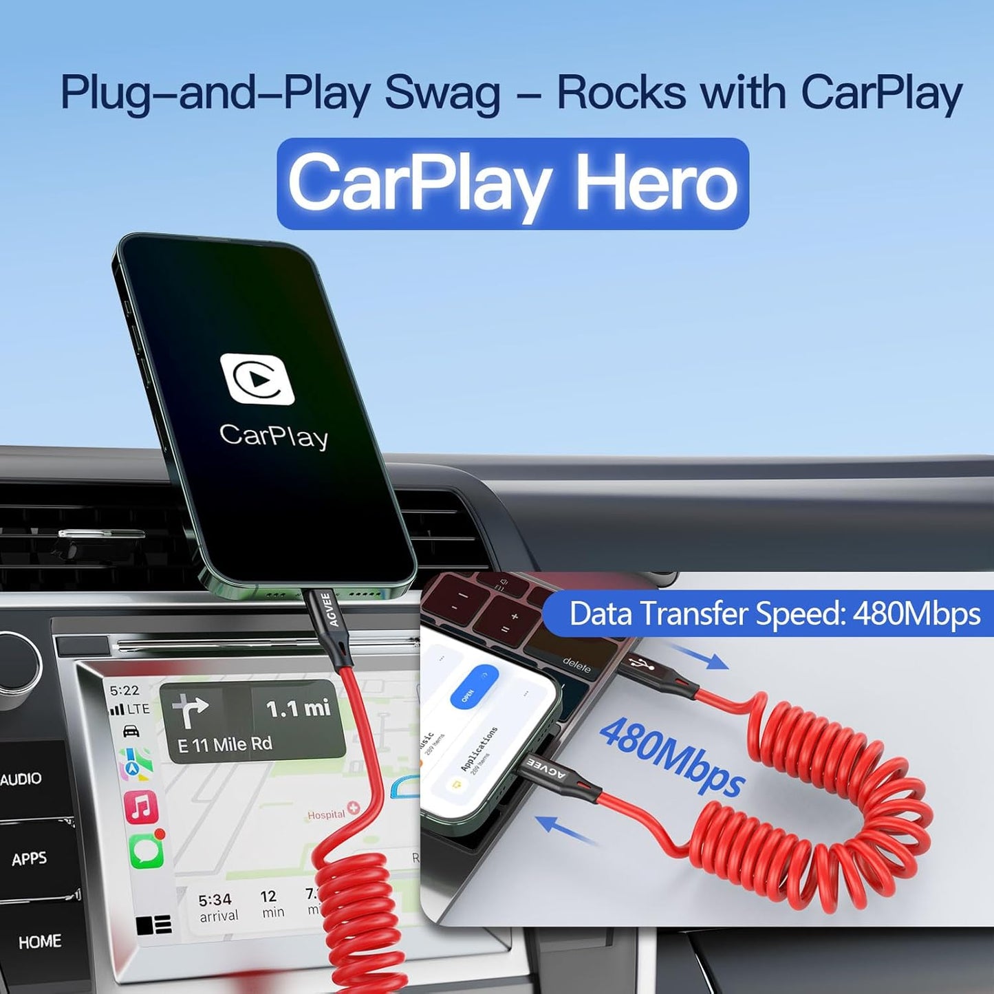 AGVEE 3ft Coiled Short USB-C to USB-C Charging Cable [USB-IF Certified] 60W PD Fast Charger Cord in Car for iPhone 16/15 CarPlay, Galaxy S25 S24 S23 S22 S21 S10 S9 S8, Google Pixel, Red