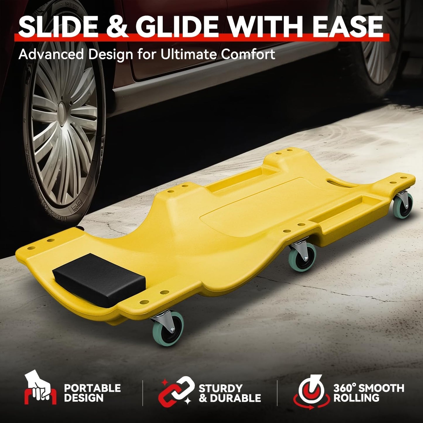 Auto Dynasty 40 Inches Mechanic Creeper, Automotive Garage Repair Low Profile Under Car Rolling Creeper with Padded Headrest, Plastic, Yellow