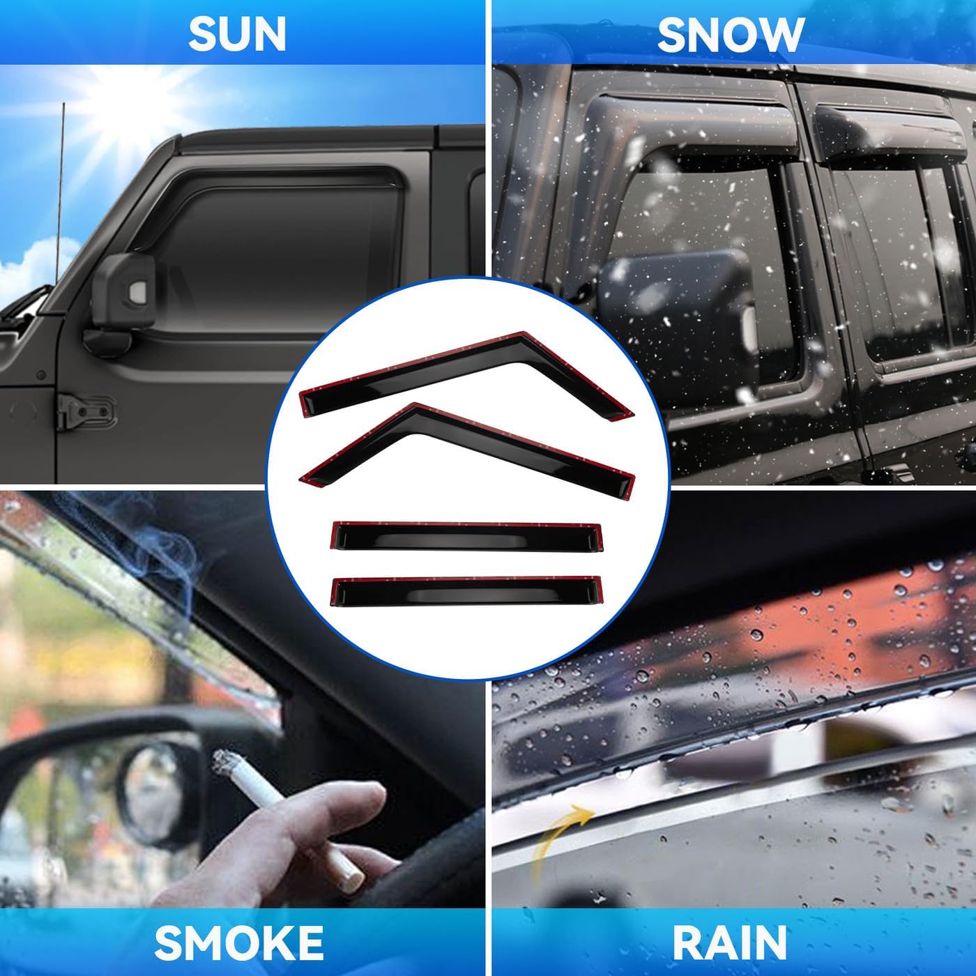 4pcs Front+Rear Smoke Tint Sun/Rain Guard Outside Mount Tape-On Vent Window Visors Compatible with 2020-2024 Jeep Gladiator 2018-2024 Jeep Wrangler JL 4-Door