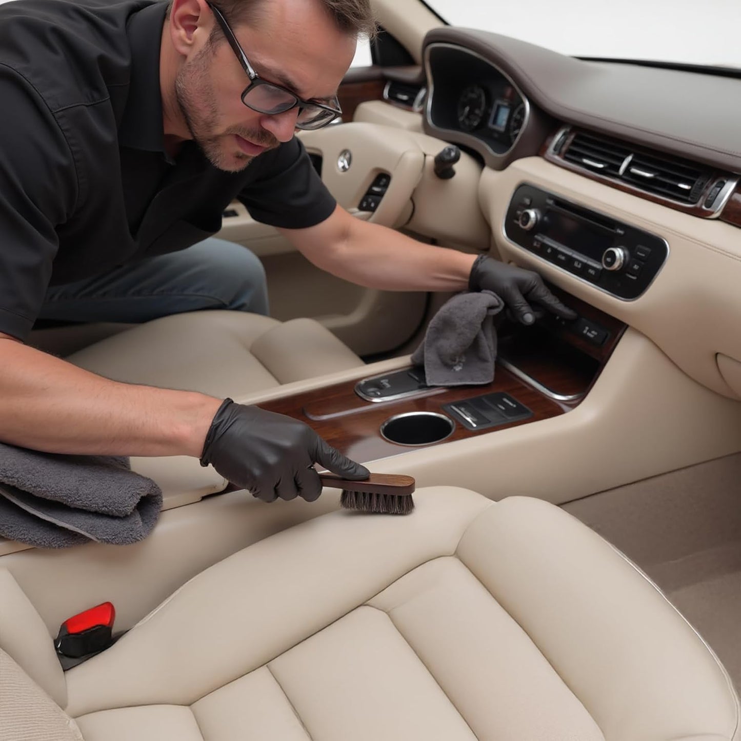 TAKAVU Leather & Upholstery Cleaning Brush Set, 100% Horse Hair Bristle, to Clean Car Seats & Leather Sofas, for Alcantara, Interiors, Furniture, Boots, Shoes, Bags and More