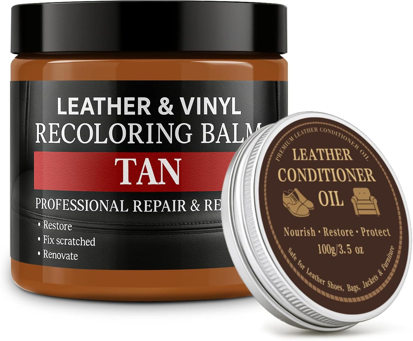 Leather Color Restorer, Leather Recoloring Balm, Scratch Remover, Leather Dye, Leather Paint with Leather Conditioner, Leather Repair Kit for Furniture Couches Car Seats Shoes, Tan