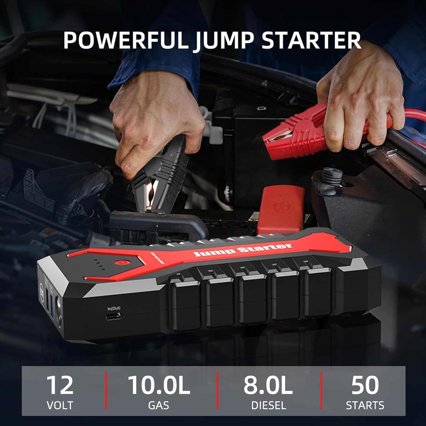 DBPOWER 3000A/80.66Wh Portable Car Jump Starter (UP to 10.0L Gas/8.0L Diesel Engines) 12V Auto Lithium-Ion Battery Booster with Smart Clamp Cables, Quick Charge, and LED, Storage Bag