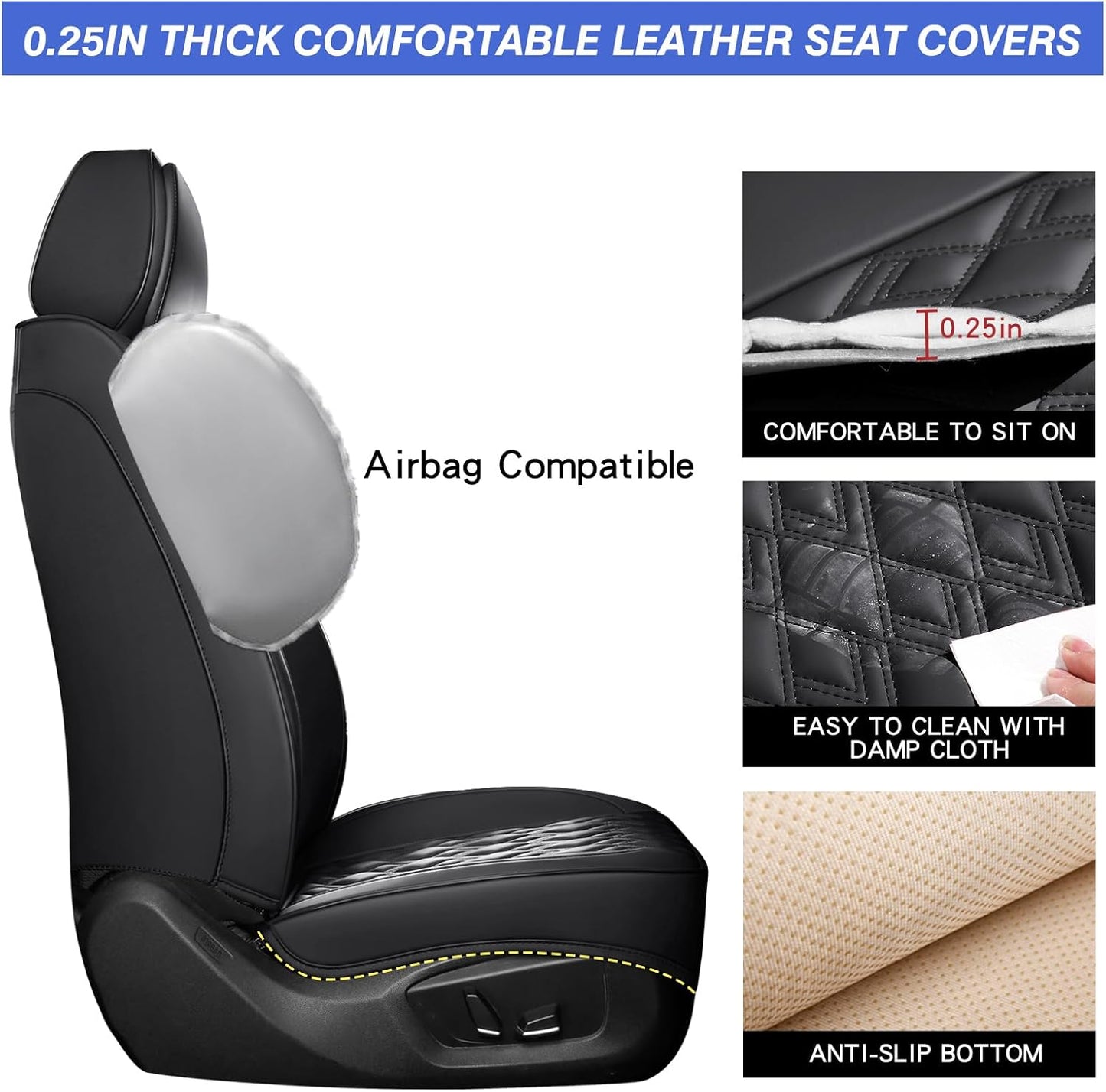 Car Seat Covers Full Set, Leather Seat Covers for Cars, Car Seat Protector Waterproof, Non-Slip Car Interior Covers Fit for Most Cars, SUV, Vans, Trucks,5Seaters,Full Set,Black