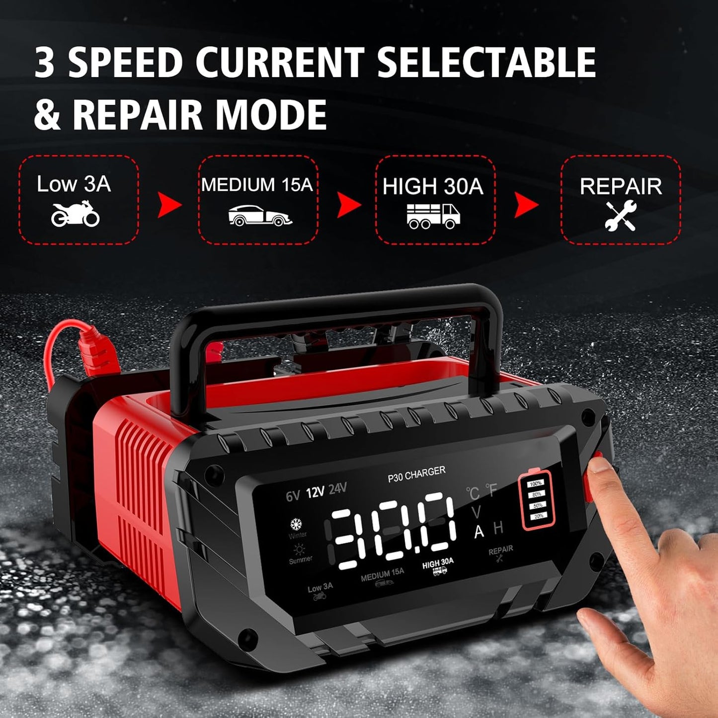 30 Amp Lithium Battery Charger,6V10A/12V30A/24V16A Lifepo4,Lead-Acid(AGM/Gel/SLA..) Smart Car Battery Charger,Battery Maintainer,Trickle Charger, and Battery Desulfator for Car,Boat,Motorcycle