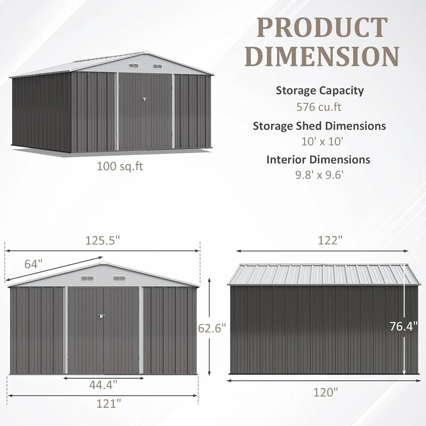 Greesum 10×10FT Outdoor Storage Shed, Metal Patio Storaged Sheds with Lockable Doors, Sheds & Outdoor Storage for Bike, Backyard, Pool and Garden, Gray