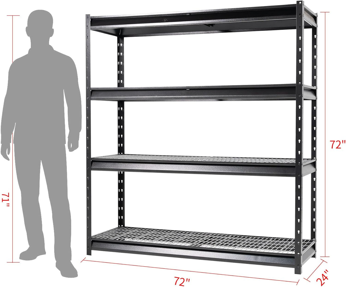The Atlas 72" W Metal Garage Shelving Unit Load 12000 Lbs, 4 Tier Heavy Duty Storage Rack, Adjustable Industrial Shelves for Warehouse Shop Basement, 72" W x 24" D x 72" H, Black