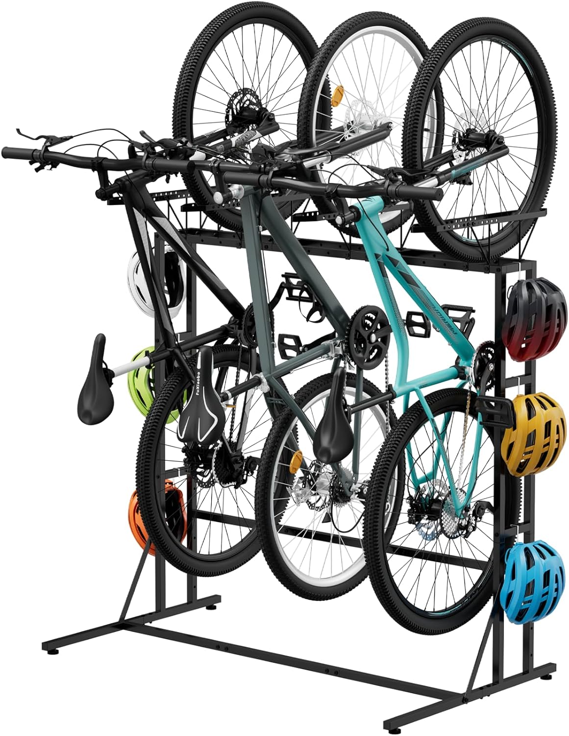 OYEAL Bike Rack Garage Floor Bike Storage Stand with 6 Hooks, Indoor Vertical Bicycle Organizer for 3 Adult Mountain/Road &1 Kids Bikes, Max Tire Width 2.6”, Black