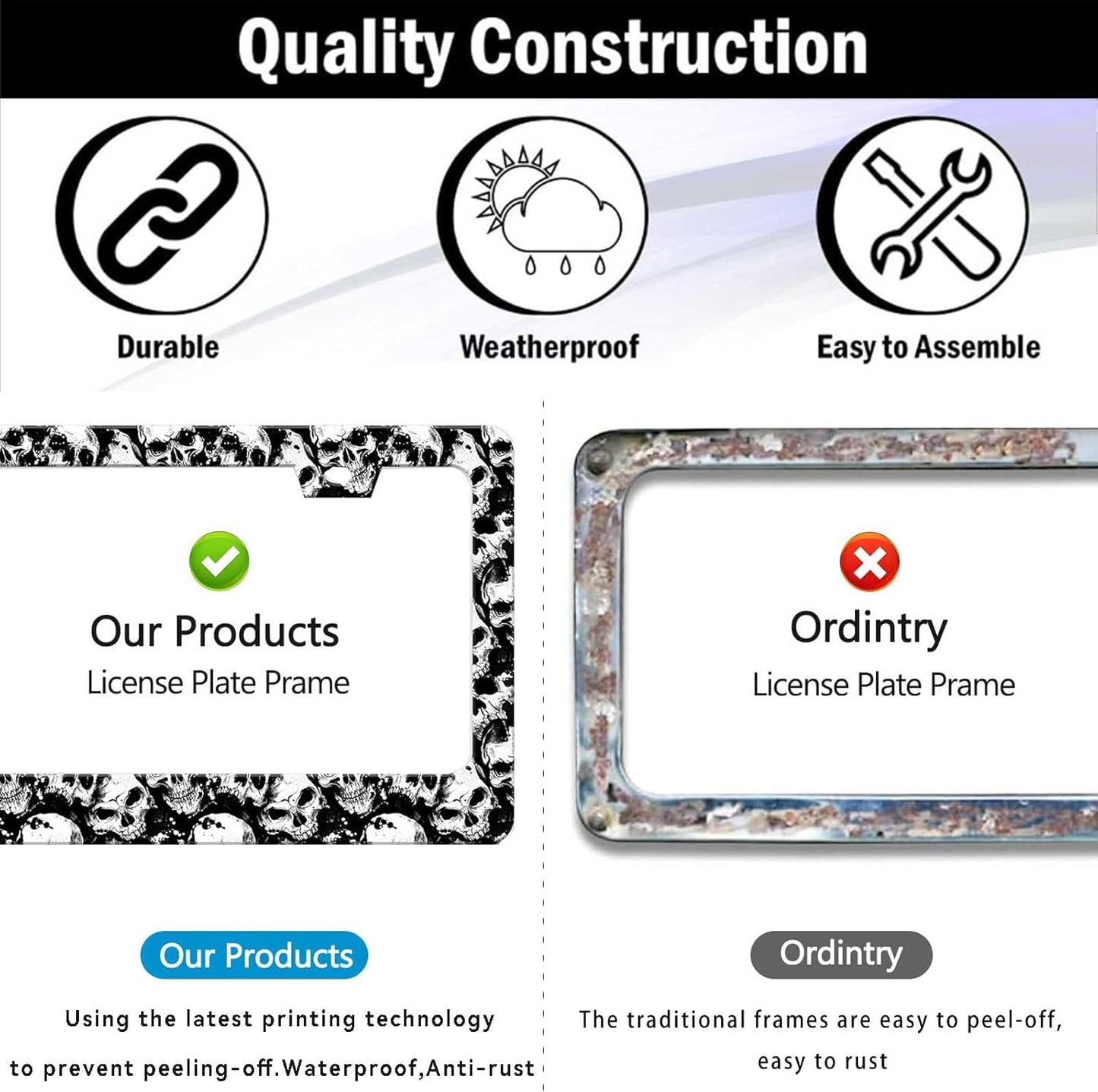 Skull License Plate Frame Black and White Skull License Plate Holder Cool Auto Accessory Car Decor Bracket Aluminum License Tag Plate with Anti-Theft Screw Caps-1Pcs