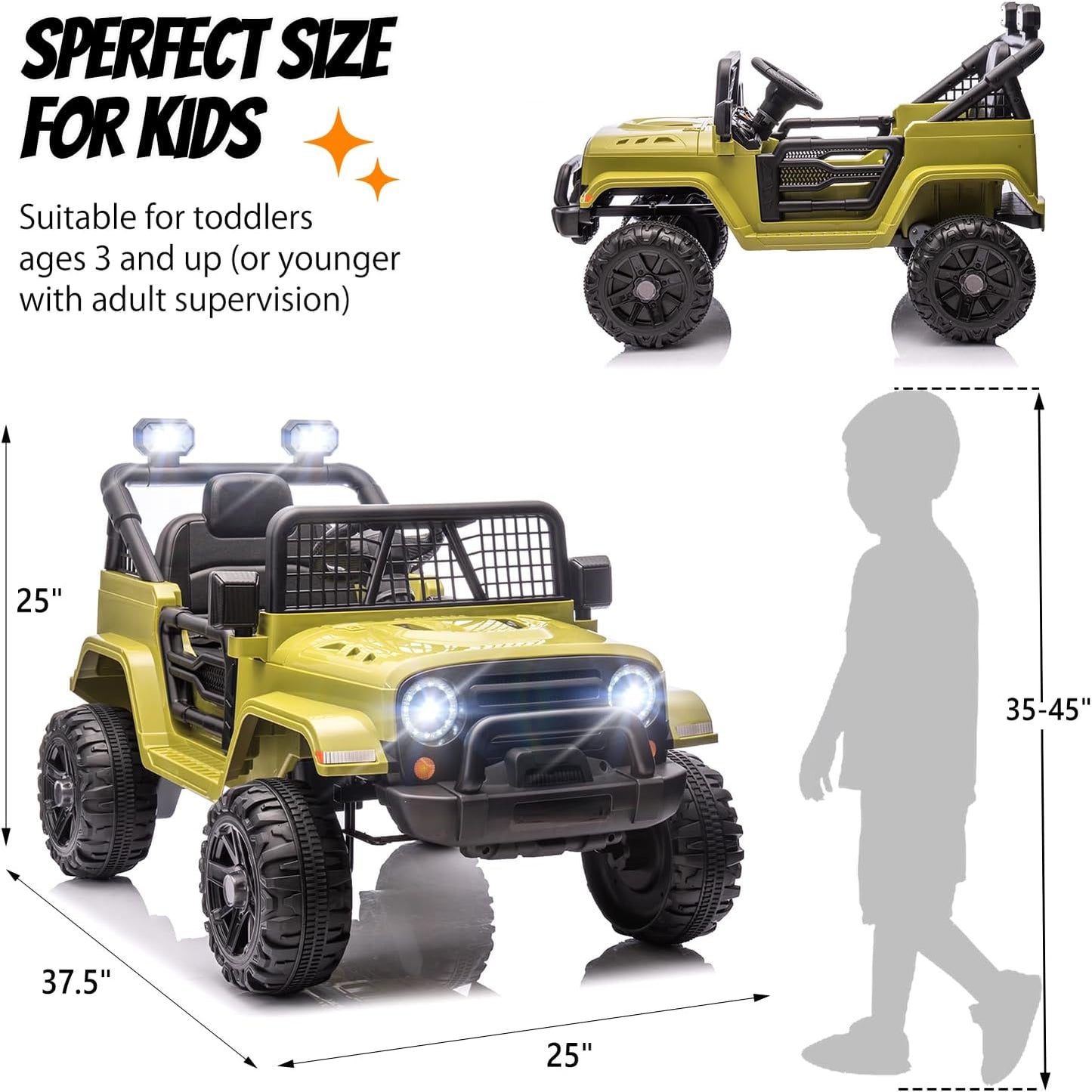 JOYMOR 12V Kids Ride on Truck with Remote Control, 4 Wheels Battery Powered Kids Car, Electric Play Car with LED Lights/Horn/Remote and Manual Control/3-5 MPH Speed/Gift for Girl Boy (Green)