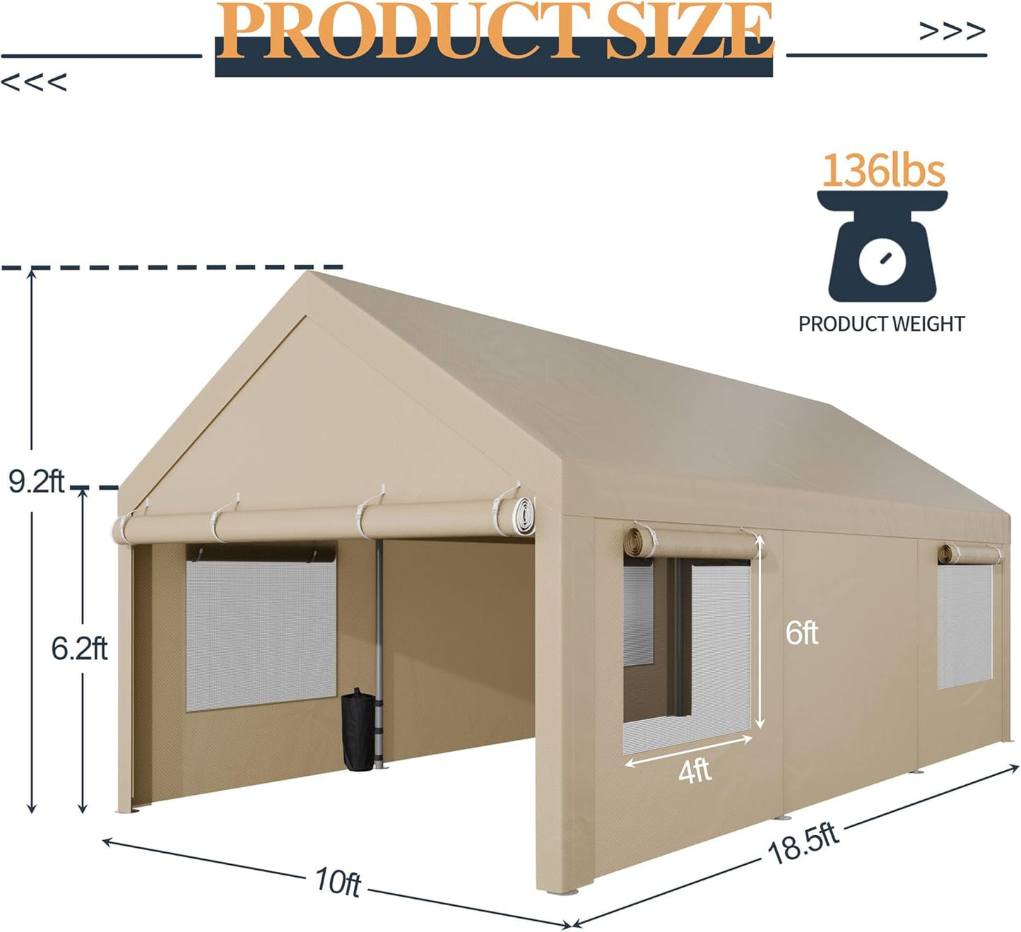 Shintenchi Carport 10' x 20' Heavy Duty Portable Garage, Car Port Canopy with Side-Opening Removable Door & Roll-Up Windows, Car Canopy for Truck,Car,Boat,Motorcycle,Khaki