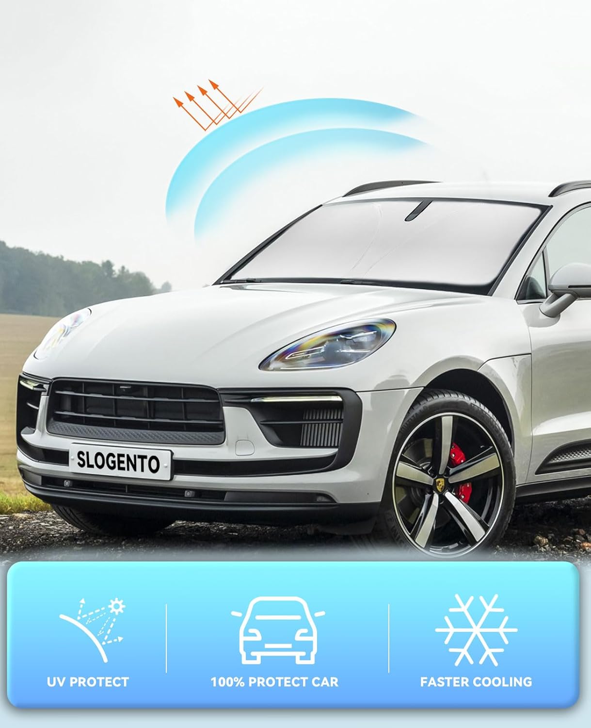 Car Sun Shade Windshield Sunshade for 2014-2024 2025 2026 Porsche Macan SUV Accessories Front Window Sun Shields Custom fit Macan Sunscreen Double Layers 240T Refleactor Sun Visor Blocks UV