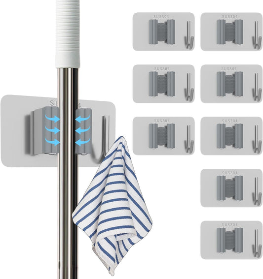 8 Pack Stainless Steel Mop Clips – Heavy Duty Wall Mounted Broom Holders, Rustproof & Tool-Free Install with Back Adhesive or Glue for Home and Garage