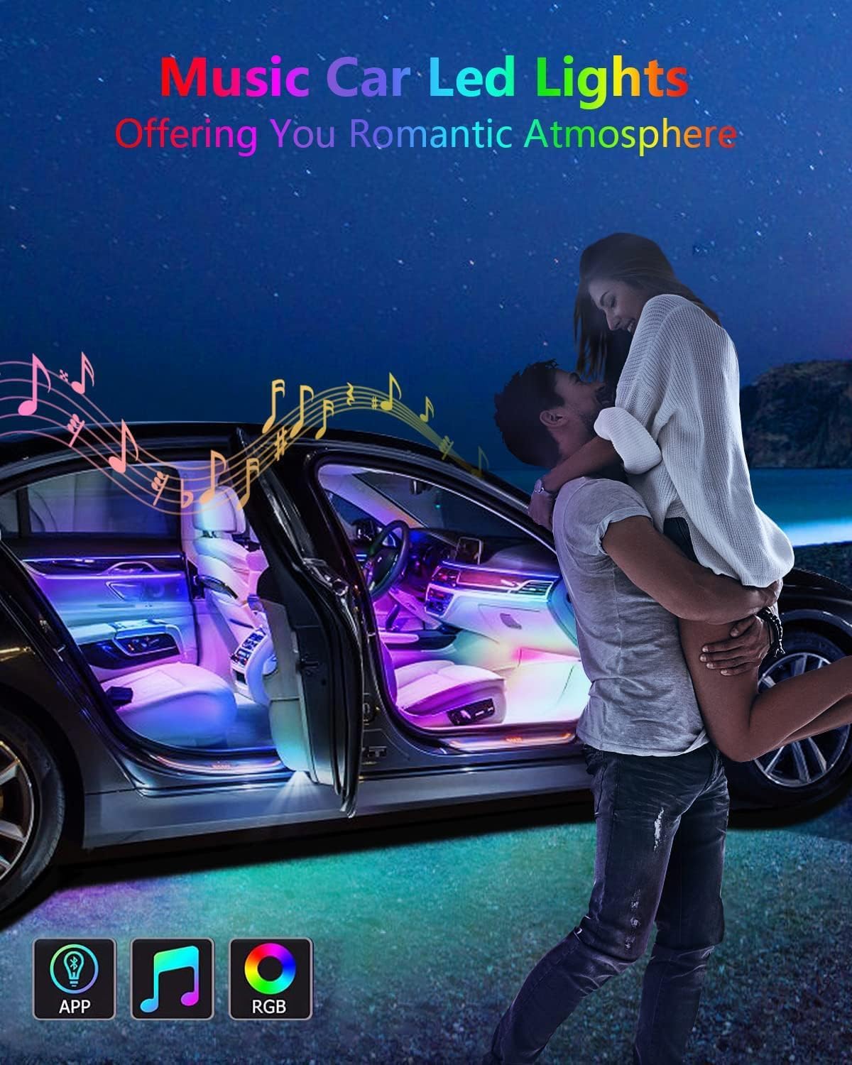 YM E-Bright RGB Car Led Strip Lights with App Control Remote Smart Interior Neon Under Dash Footwell with Car Charger USB Powered DIY Mode Music Sync Multicolor Change 2 Lines Design