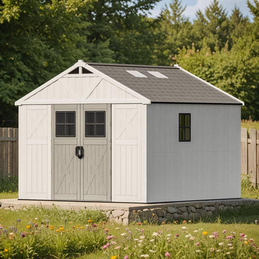 Patiowell 10x10 FT Outdoor Storage Shed, Plastic Shed with Floor and Skylight, Four-Window Resin Storage Shed with Lockable Door for Garden, Patio, Backyard, Beige