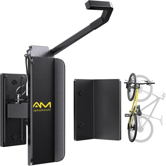 AM alphamount Swivel Bike Wall Mount, Metal Wall Bike Rack with Durable Sleeves, Space-Saving Vertical Bike Rack with 180° Swivel for Home and Garage, Bike Storage Hanger Mount Up to 66 lbs, 1-Pack