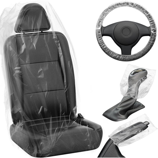 MYFAMIREA 250 PCS Disposable Car Seat Covers Clear Plastic Vehicle Seat Protector Set with Steering Wheel, Gear Shift and Handbrake Covers, Universal for Cars Auto Truck Bus Airplane