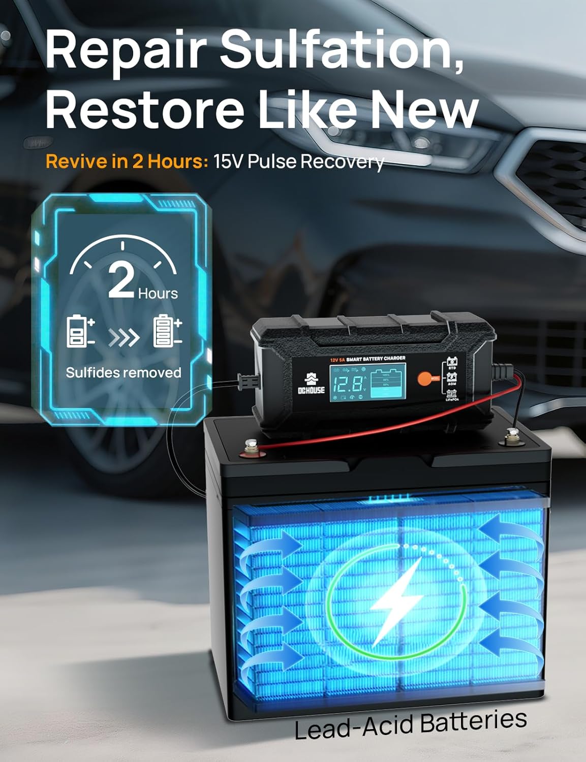 DC HOUSE 5A Battery Charger, 12V Smart Lithium Battery Charger for LiFePO4 & Lead Acid, Trickle Charger Maintainer and Desulfator for Car, Motorcycle, Automotive Batteries